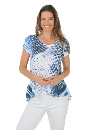 OrganicCottonBlend Ribbed Trim Petite Denim Gradient Burnout Knit Top