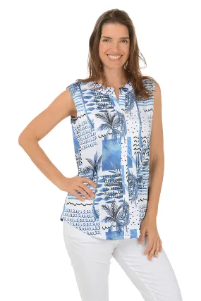 GarmentWashedFinish Squiggle Palm UPF50 Sleeveless Split Neck Top