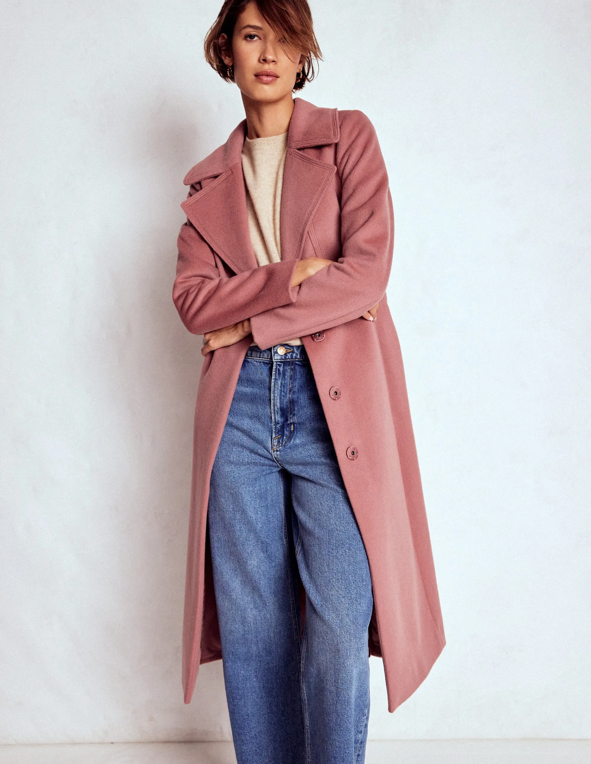 Organic Cotton Blend Bow Front Coat-Dusty Pink