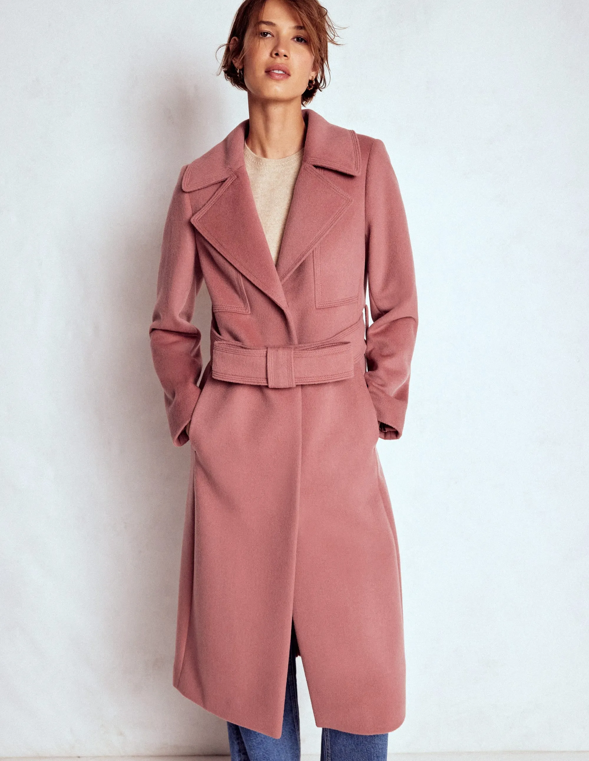 Lightweight Design Flexible Zipper Guards Bow Front Coat-Dusty Pink