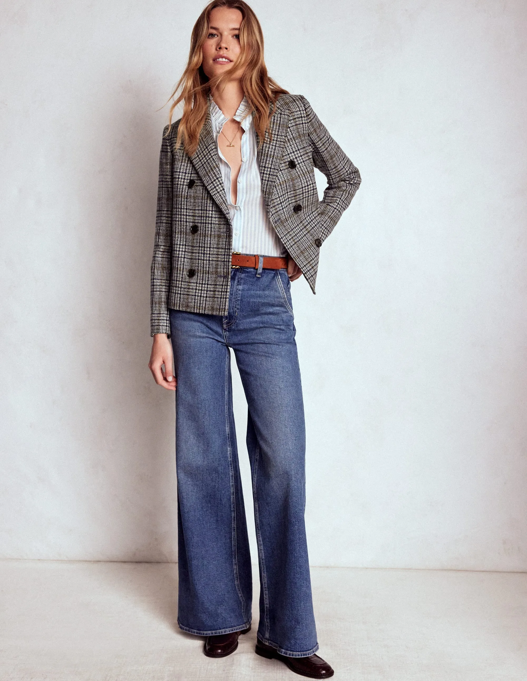 Hydrophobic Treatment Teflon Coated Boxy Double Breasted Blazer-Blue, Grey Check