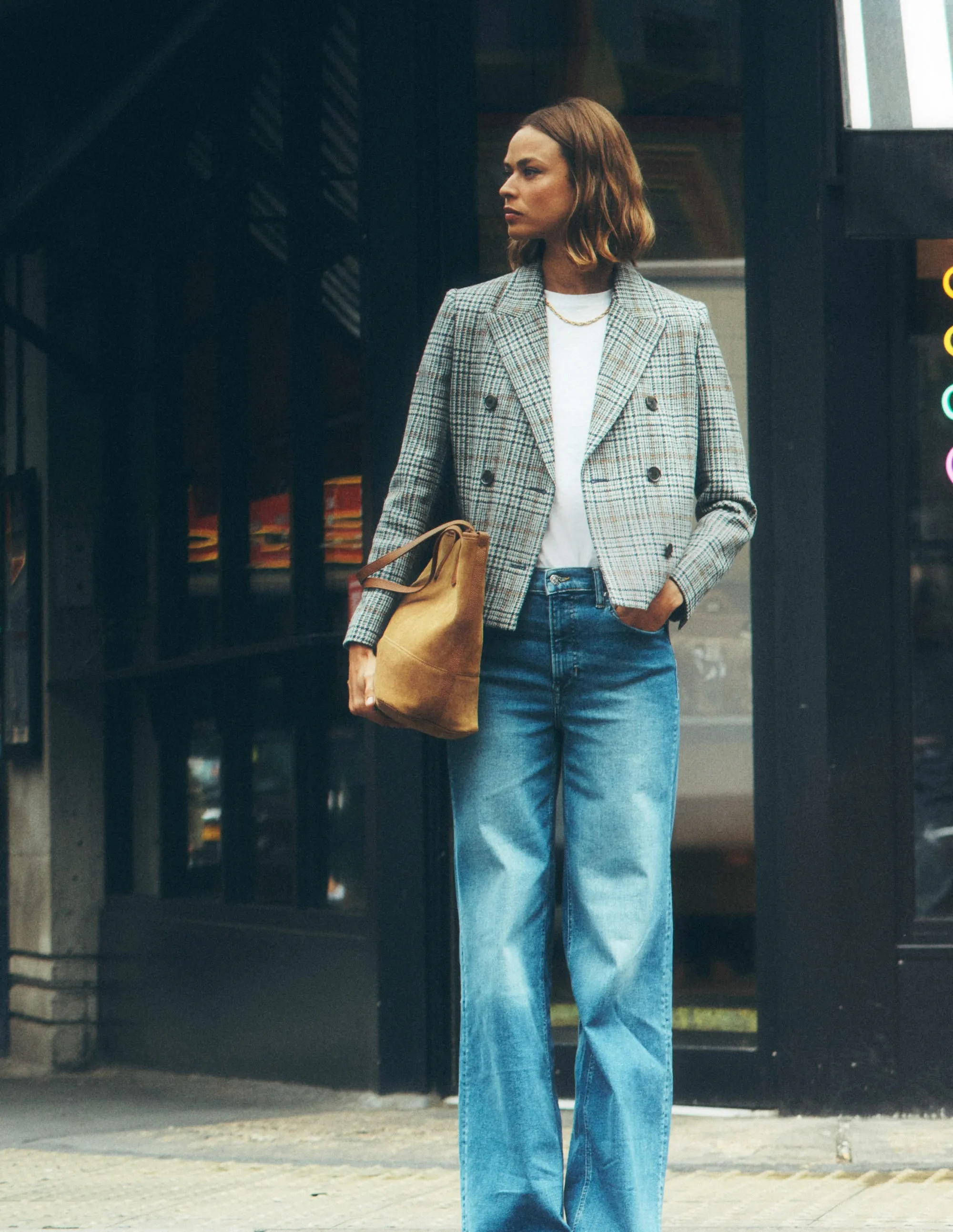 Boxy Double Breasted Blazer-Blue, Grey Check Extended Coverage