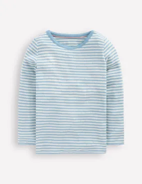 Long Sleeve Pointelle Top-Vintage Blue Stripe Anti microbial coating