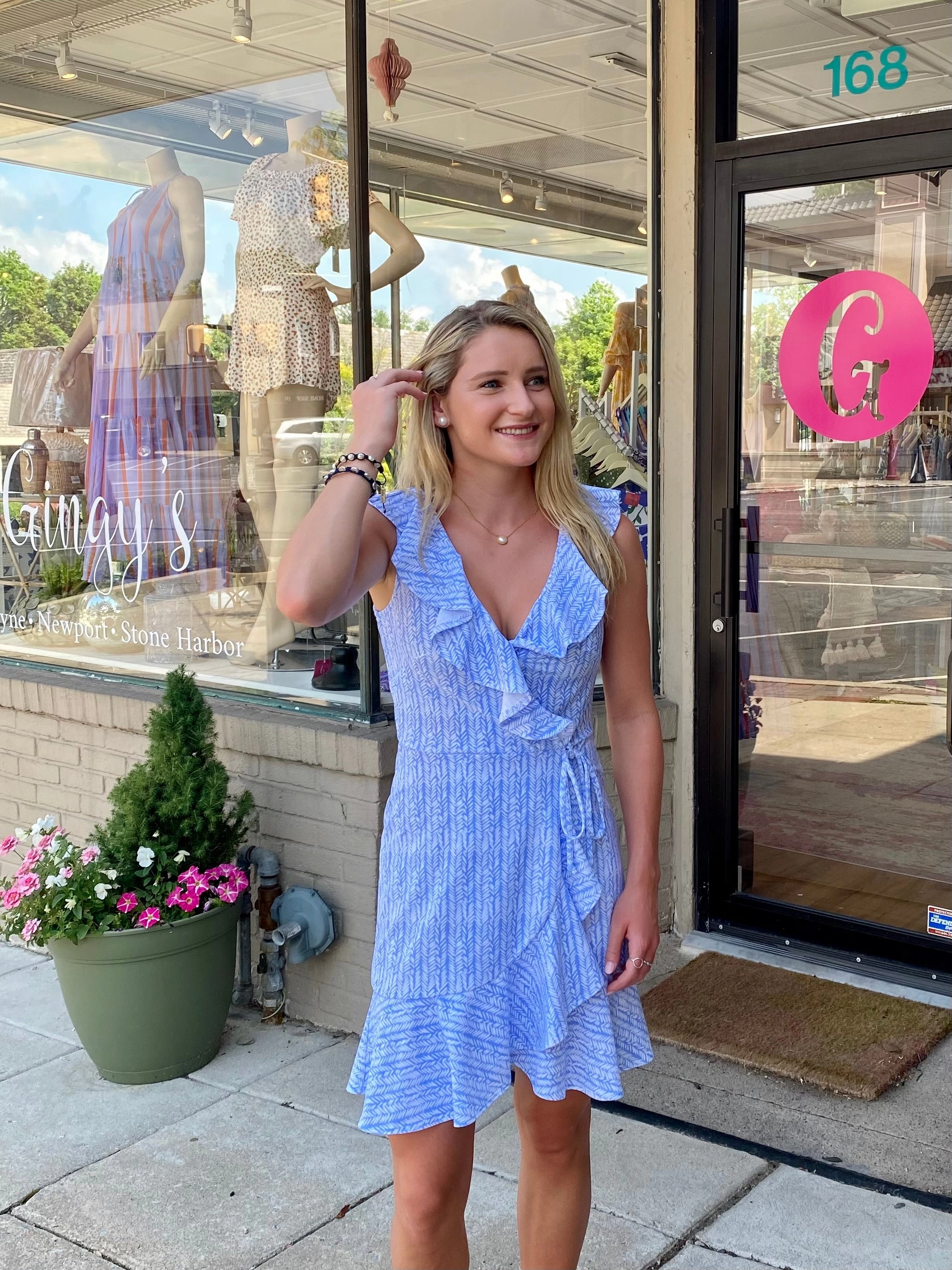 Naples Faux Wrap Dress Ferns Cornflower Blue Lightweight-Layer Travel Fit