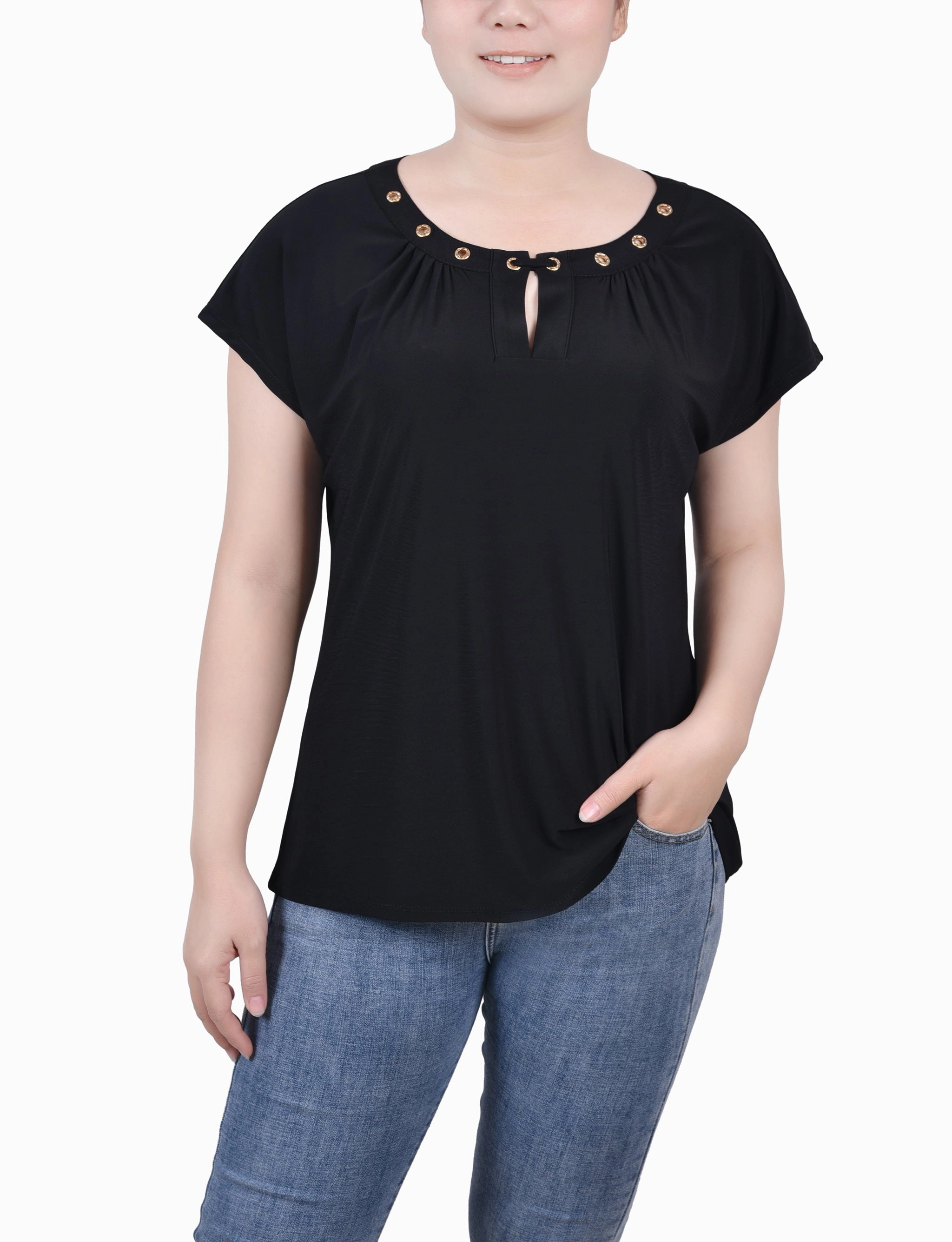 Everyday Fashion Short Extended-Sleeve Grommet Neck Knit Top