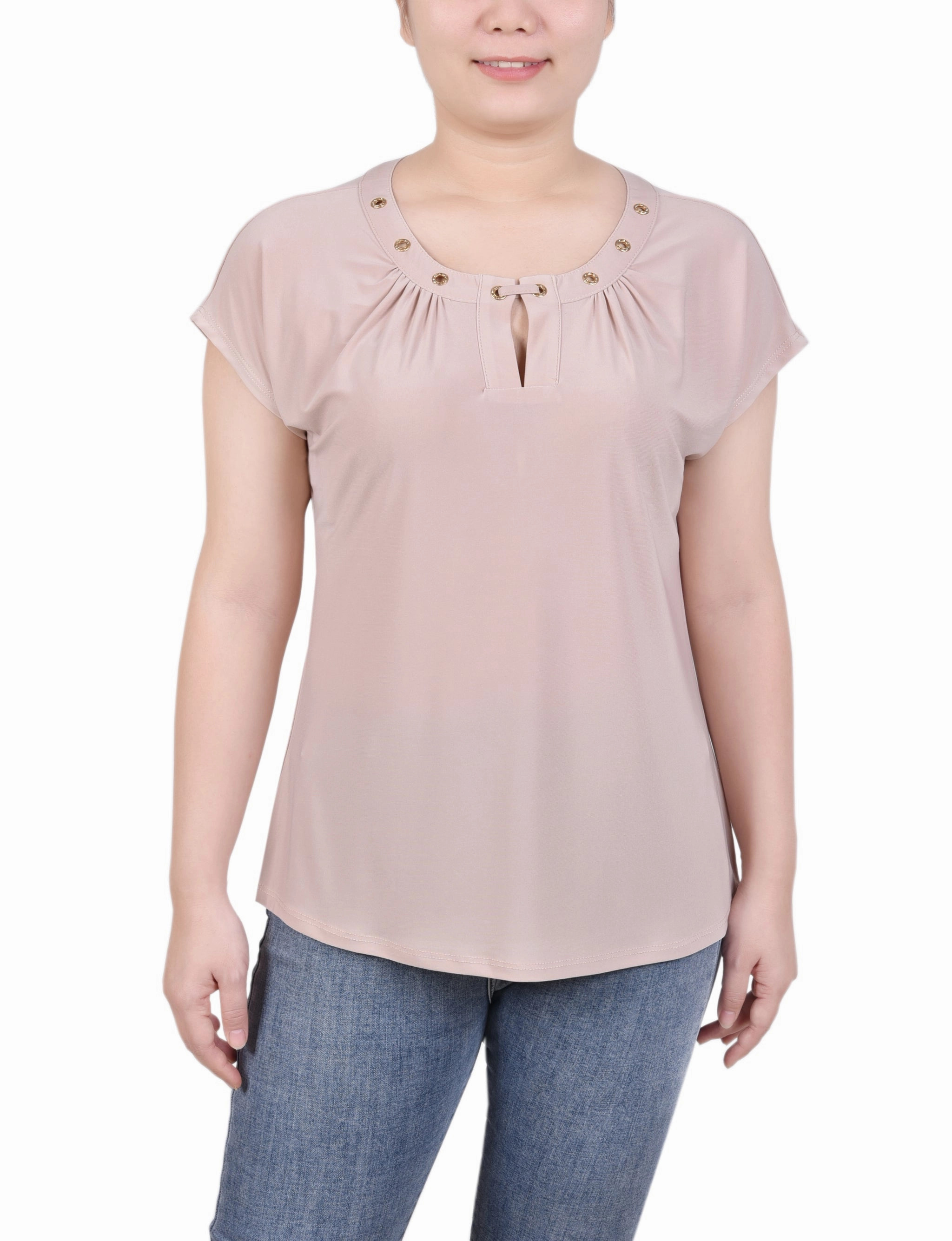 Short Extended-Sleeve Grommet Neck Knit Top Quick Access Slit