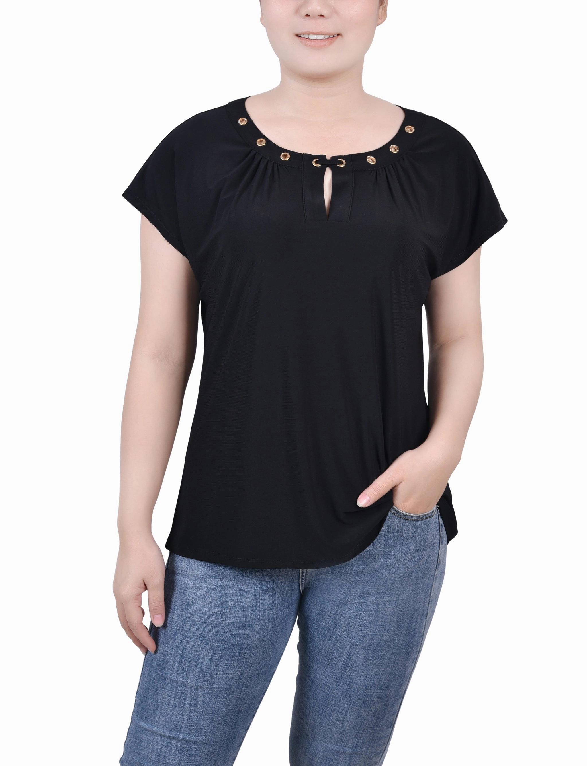 Short Extended-Sleeve Grommet Neck Knit Top FlexibleSole