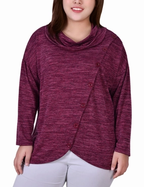 Plus Size Long Sleeve Cowl Neck Top With Button Detail LowProfile Zipper WeightedHem