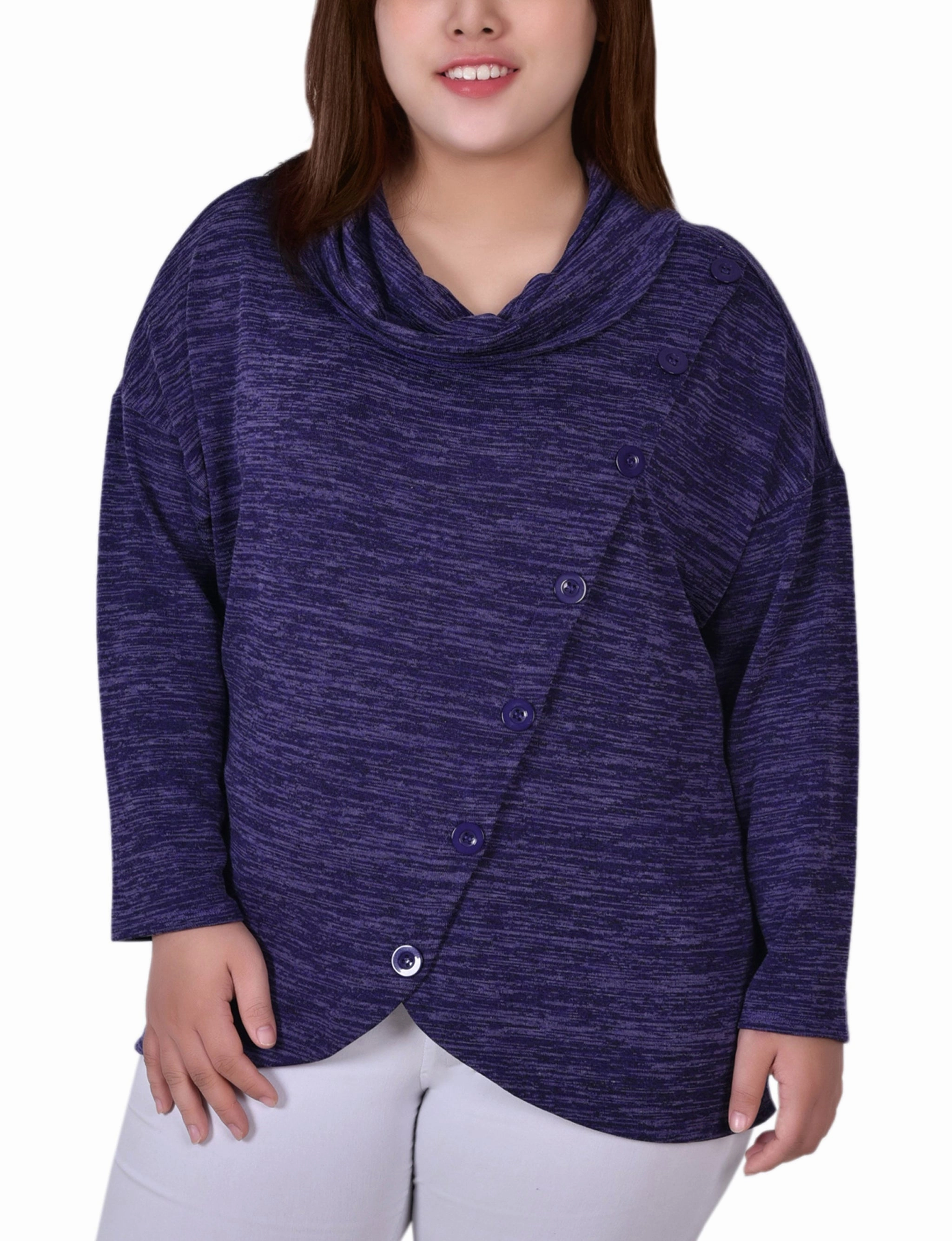 Plus Size Long Sleeve Cowl Neck Top With Button Detail MultiPocket MicroPerforated Details