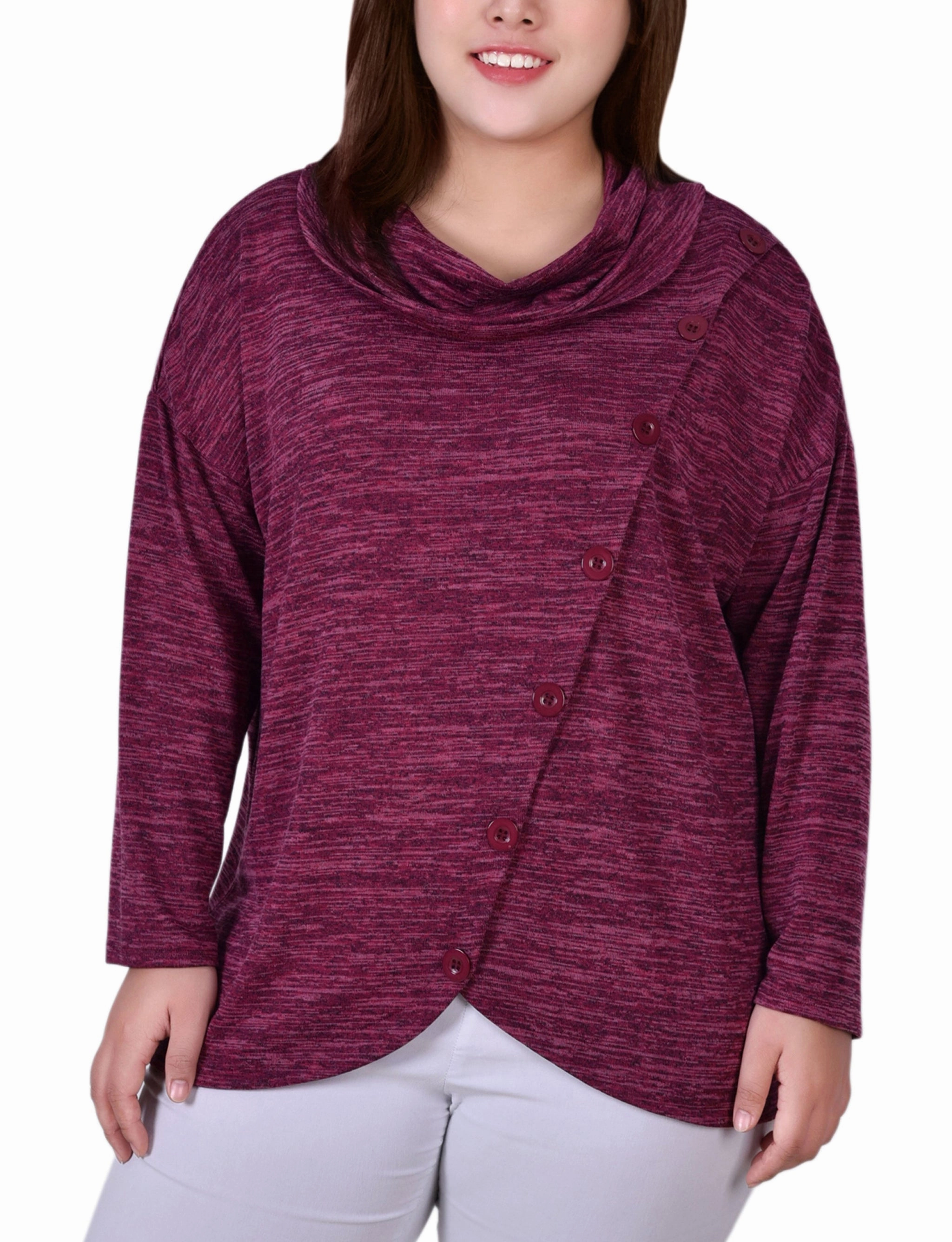 Plus Size Long Sleeve Cowl Neck Top With Button Detail Quick Dry Material