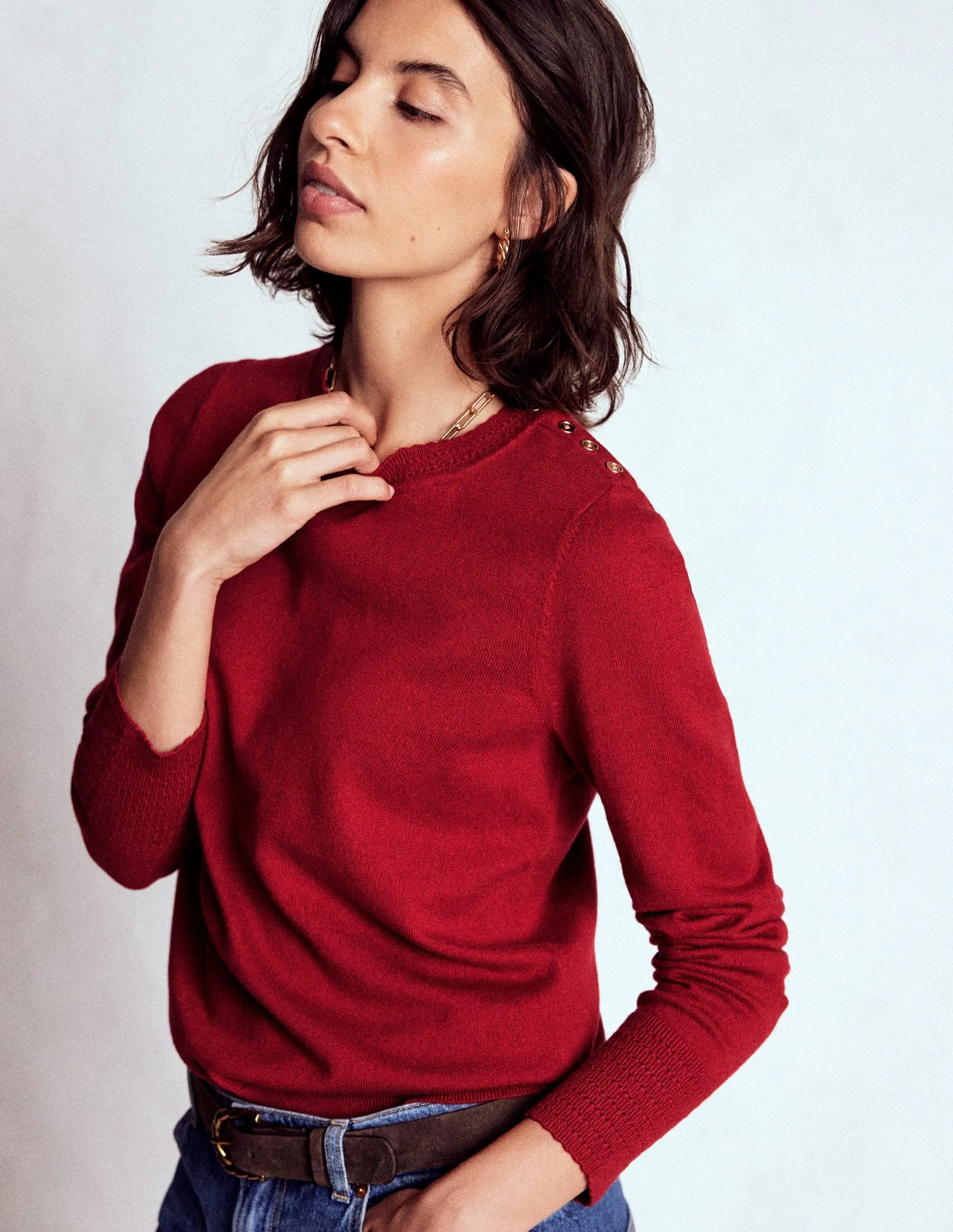 Indoor Layer Organic Cotton Briony Stitch Jumper-Red Liquorice