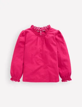 Timeless Look Simple and Cozy Broderie Trim Jersey Top-Cherry Jam