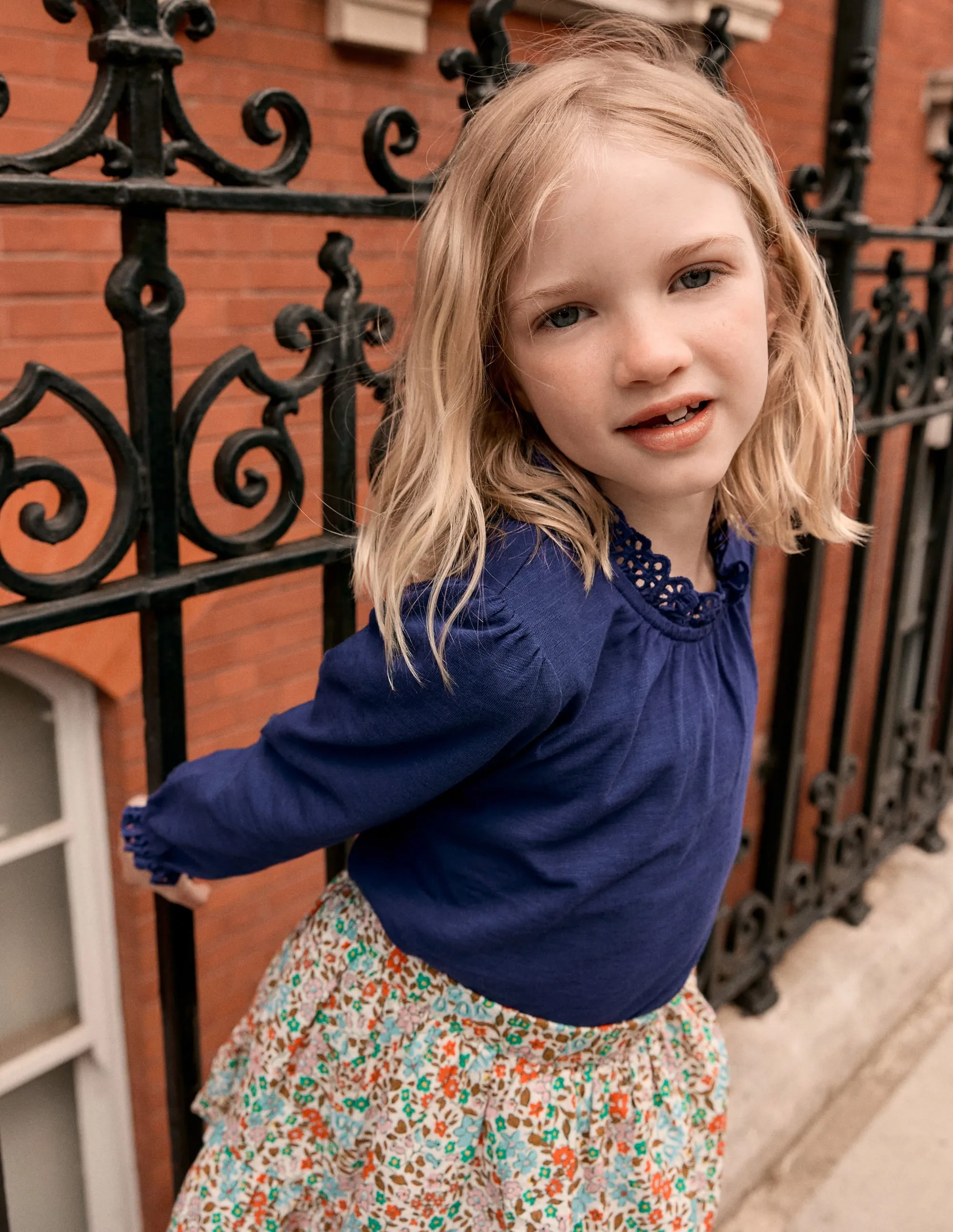 Broderie Trim Jersey Top-Starboard Blue Weekend Comfort