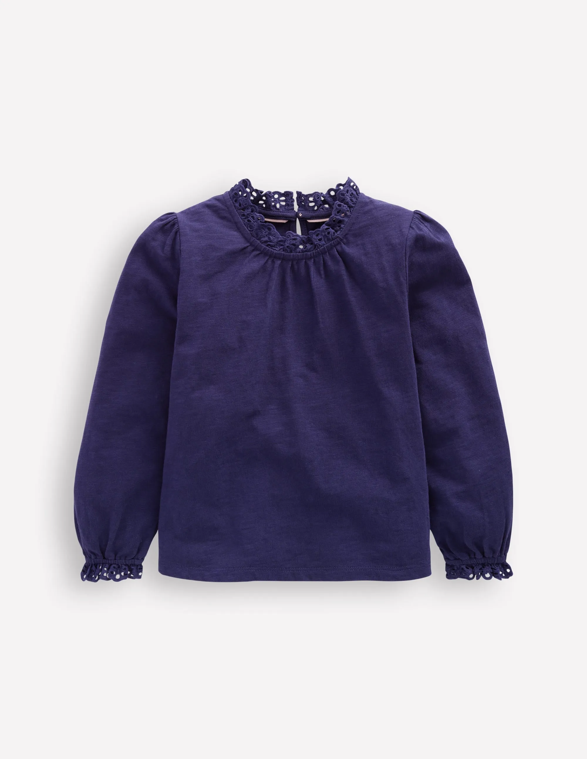 Broderie Trim Jersey Top-Starboard Blue Versatile Style Layered Sleeve