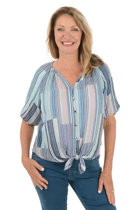 Double Stitched Hem Broken Stripe Puffed Short Sleeve Shirt