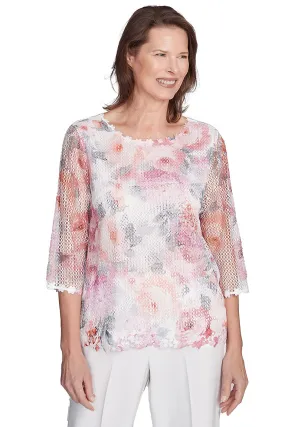 Estate Of Mind Floral Mesh Top Easy Fit Ribbed Collar Design