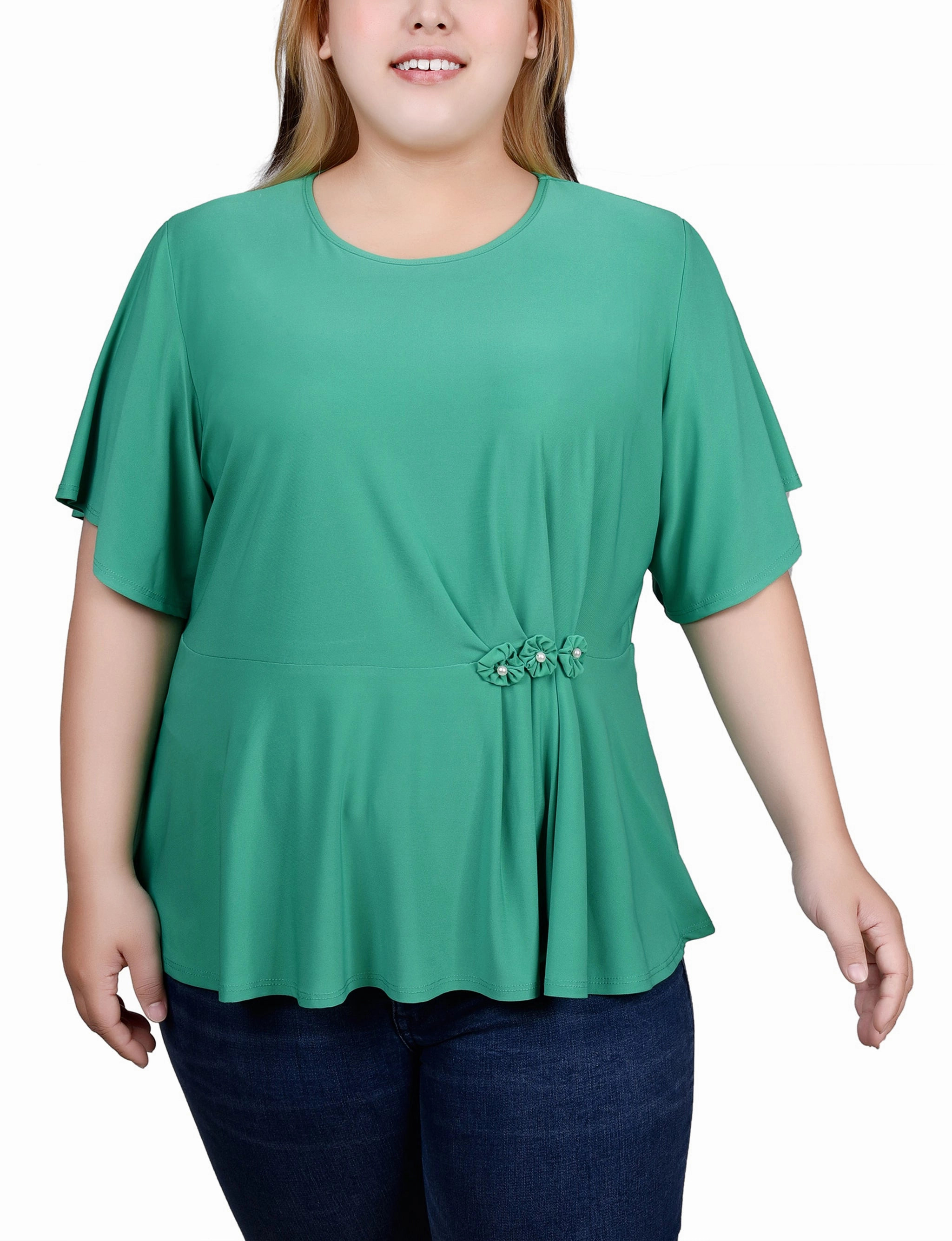 Plus Size Flutter Sleeve Flower-Detail Top Buttery Soft Feel MeshLining