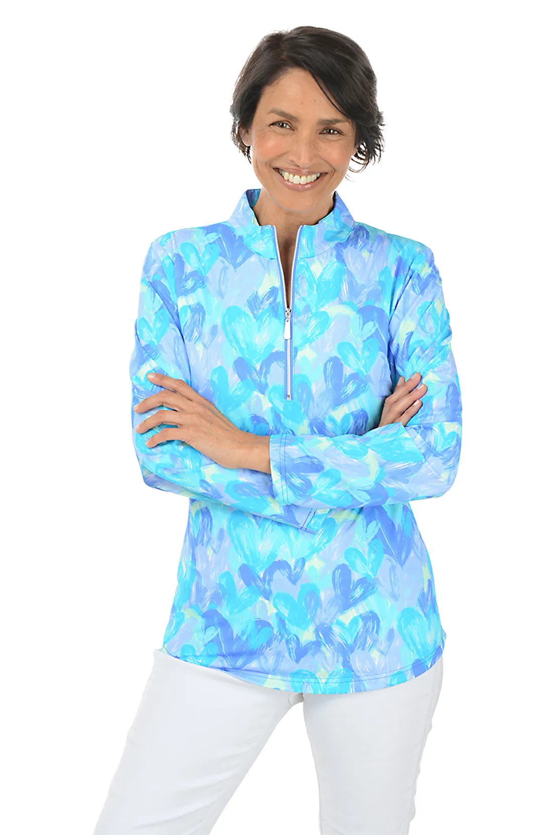 Brushstroke Hearts Cooling UPF50  Mock Neck Top Breathable mesh panel