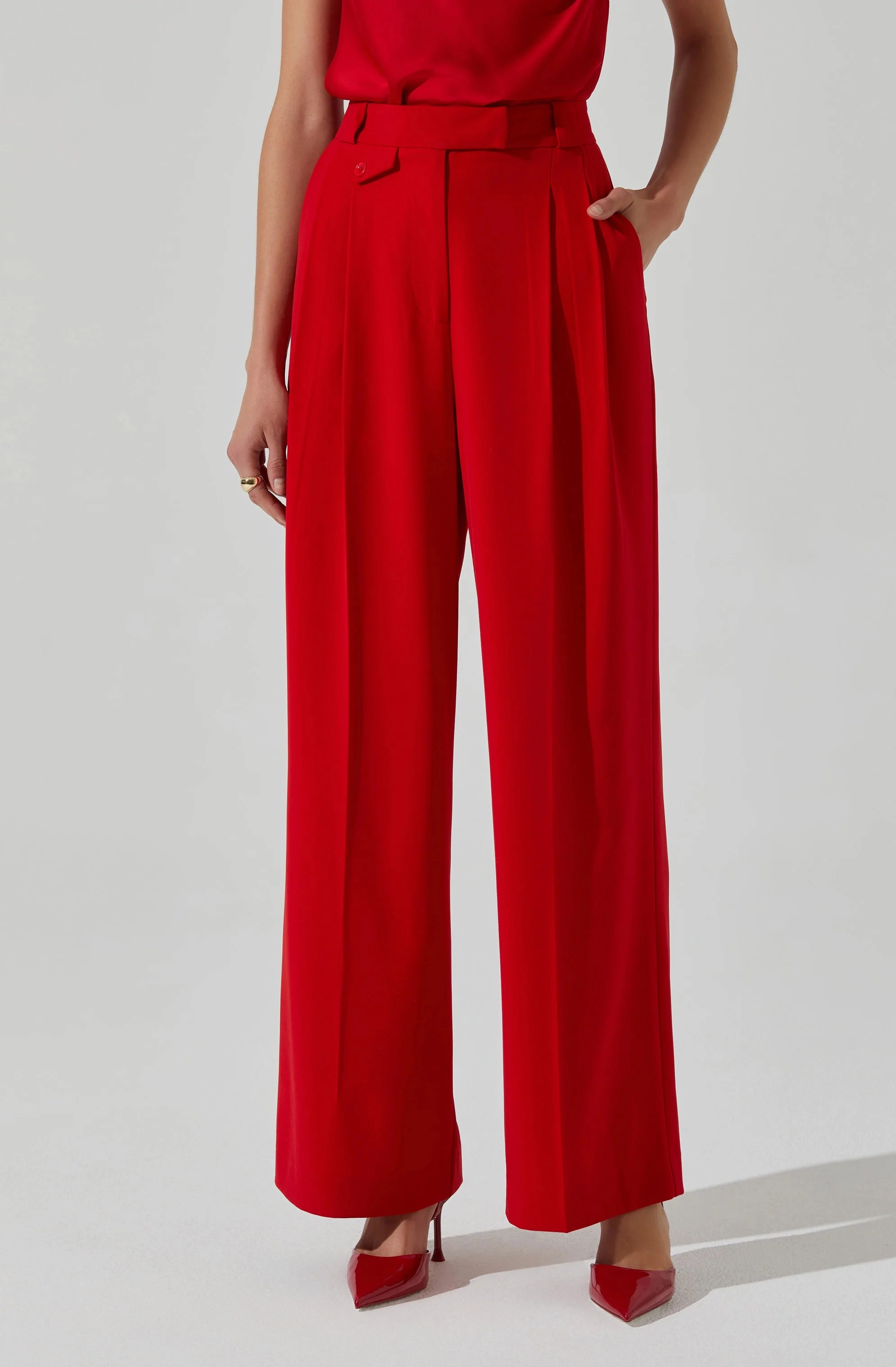 Bryony High Waisted Trouser Pants in Red Quick Conversion Hem