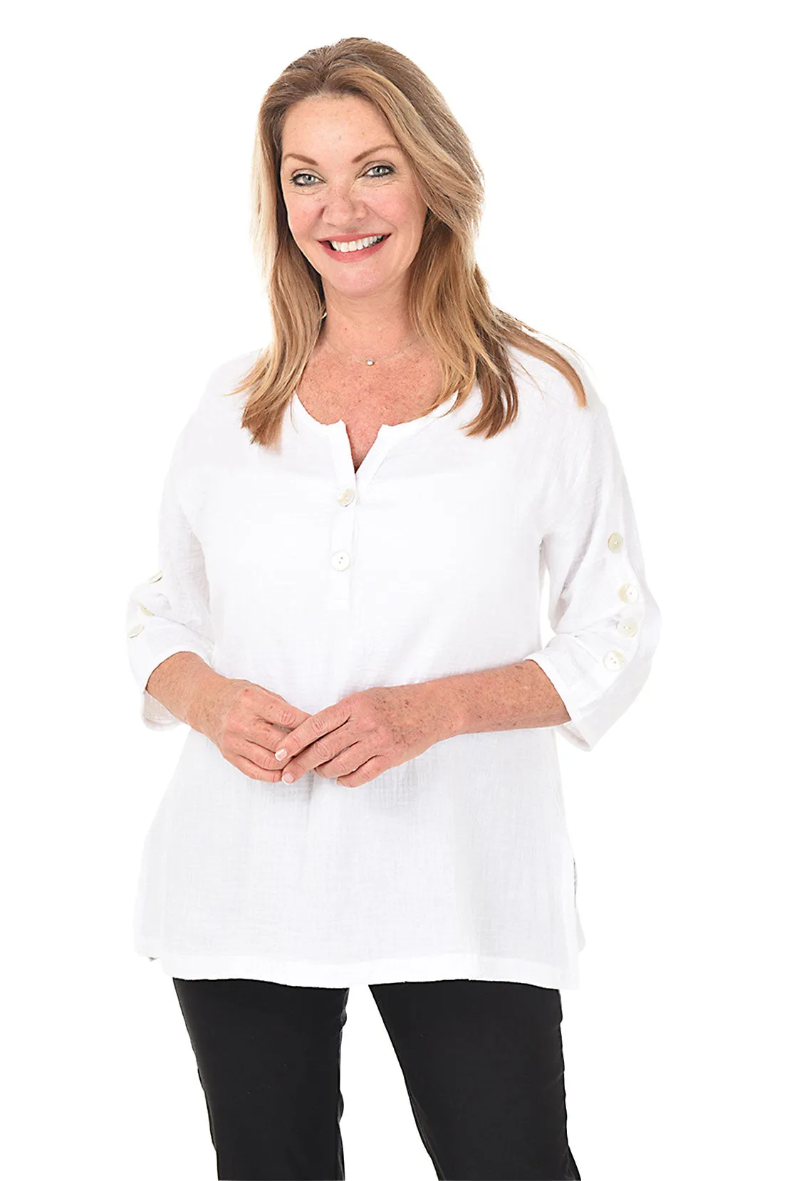 Bubble Gauze Button Sleeve Top LowImpact Dye Process Flatlock Seams