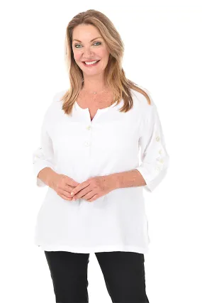 Trendy Sweater Bubble Gauze Button Sleeve Top