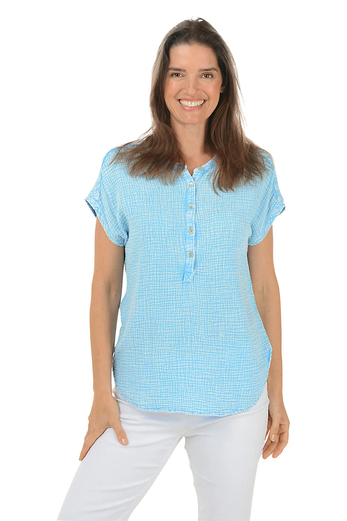 AntiStatic Weave FlexibleRibbing Bubble Gauze Cap Sleeve Blouse