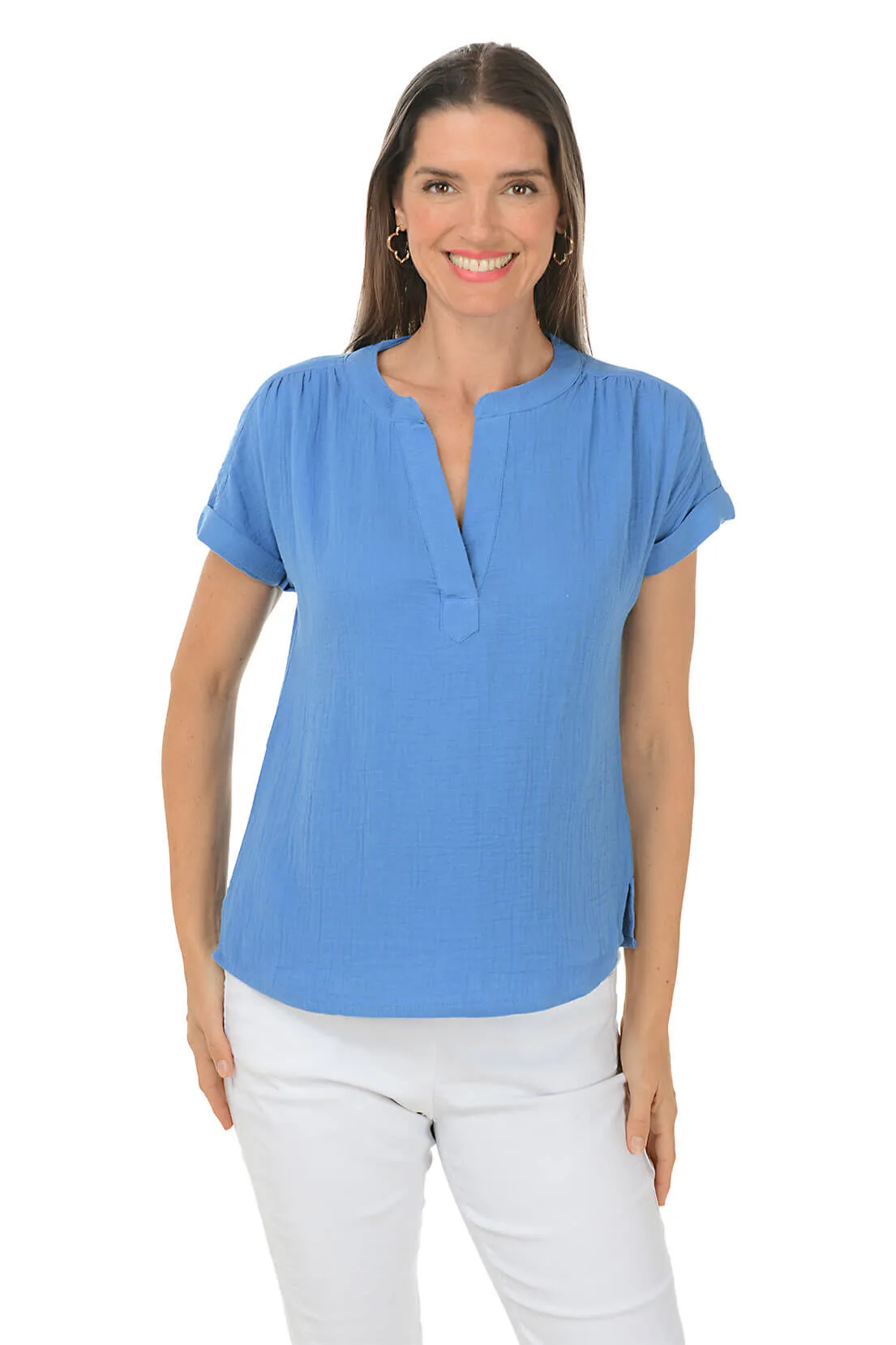 Bubble Gauze Rolled Short Sleeve Blouse Stylish Hoodie Cold Weather