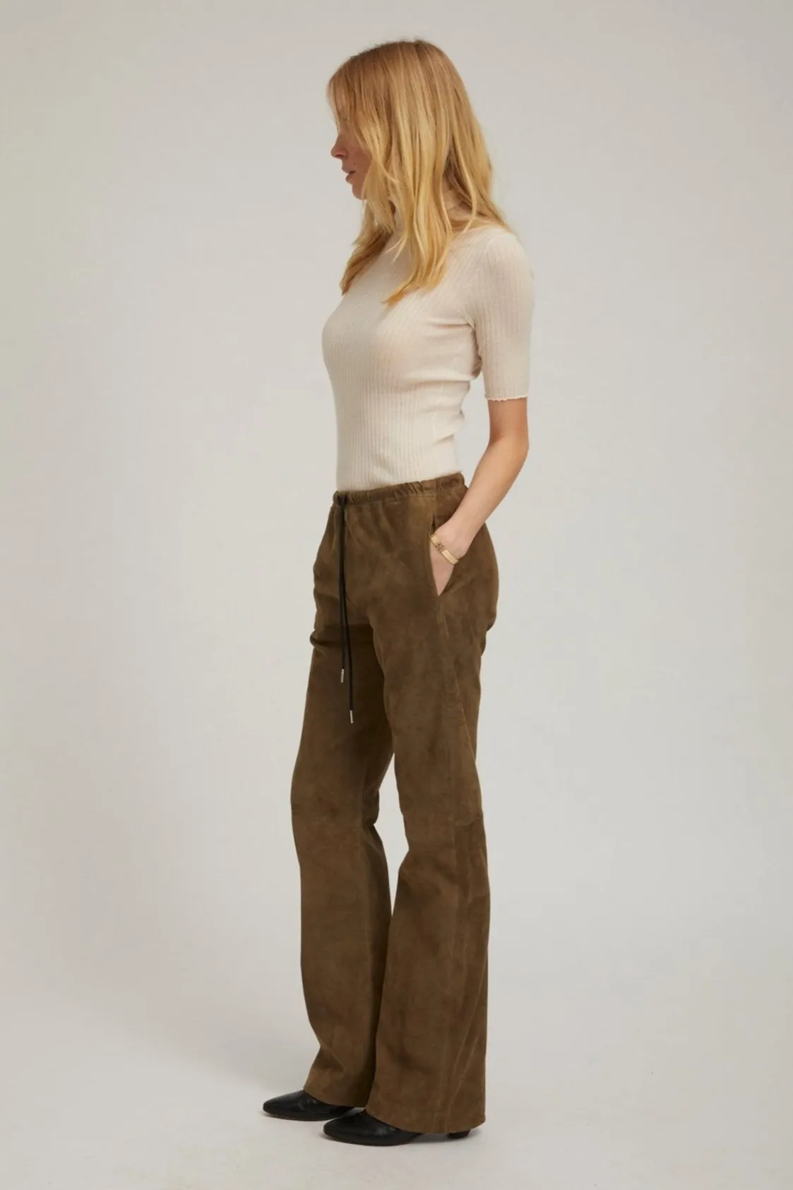 Olive Suede Straight Leg Pants Stretchable Wear Hidden Pocket System