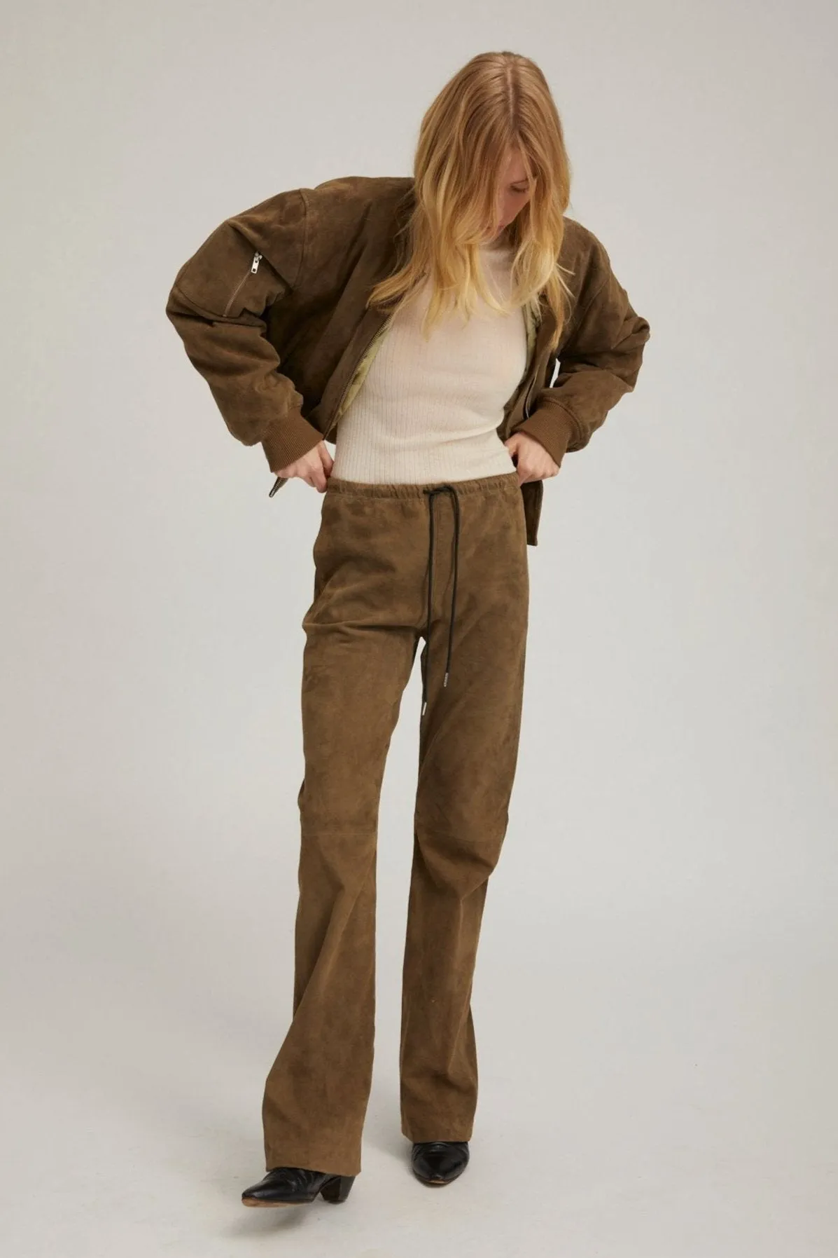 Olive Suede Straight Leg Pants Lightweight Flex