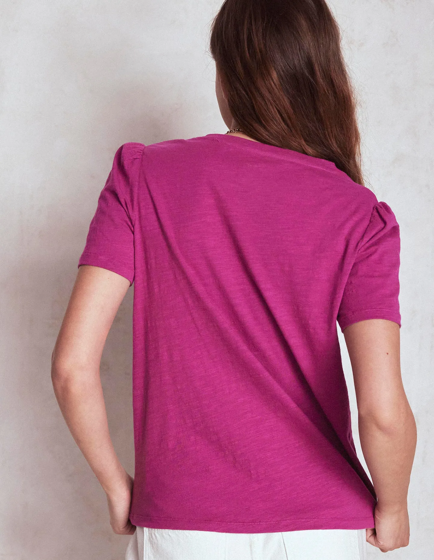 ElasticEdgeBinding Short Sleeve V Neck T-shirt-Rich Magenta