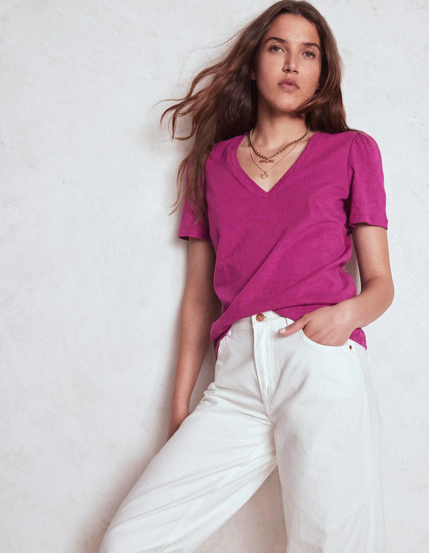 Short Sleeve V Neck T-shirt-Rich Magenta Double Layered Hem