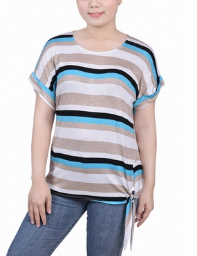 Bamboo Fiber Fabric Petite Short Sleeve Tie Front Top
