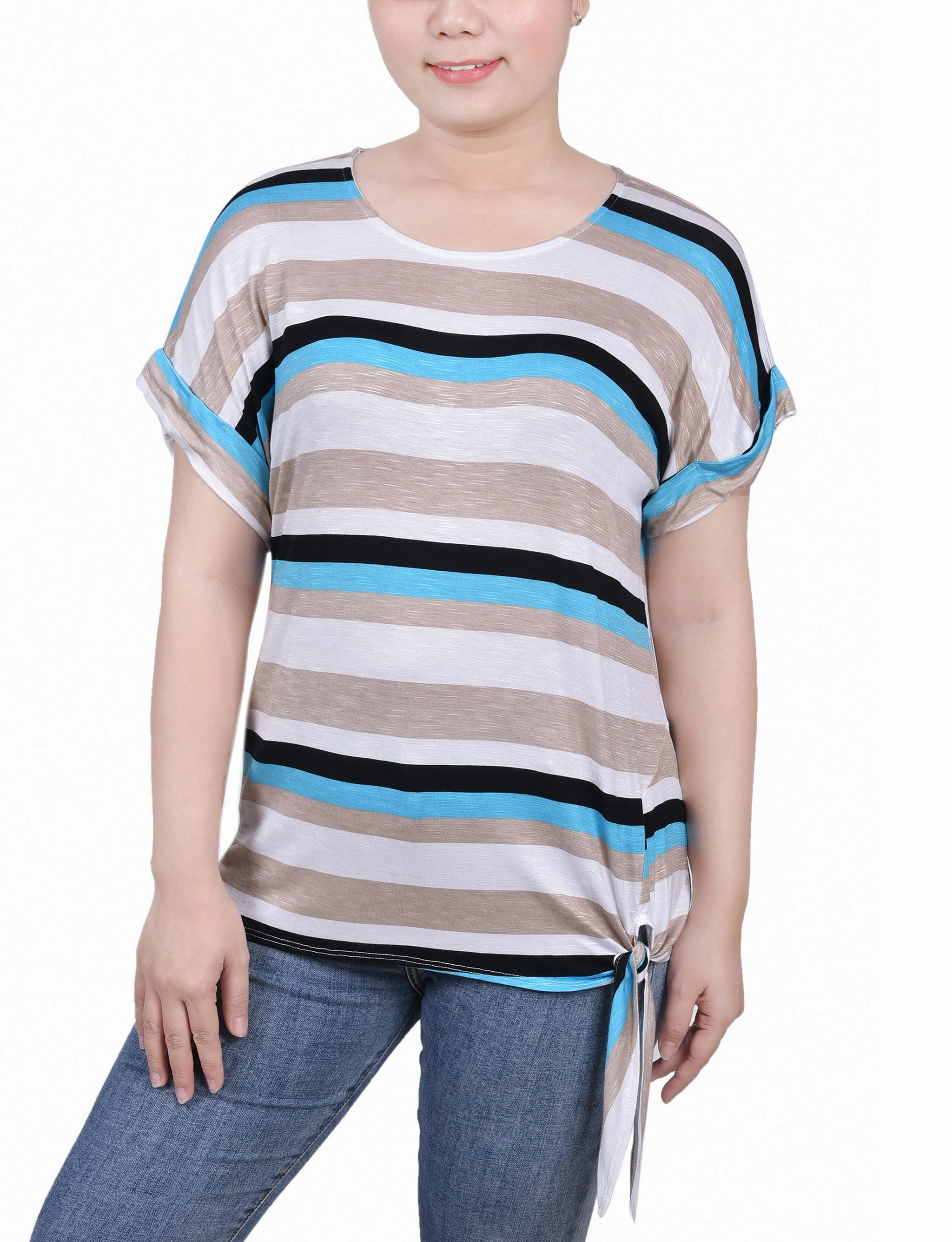 Petite Short Sleeve Tie Front Top Soft Texture SoftTouchBrushedInterior