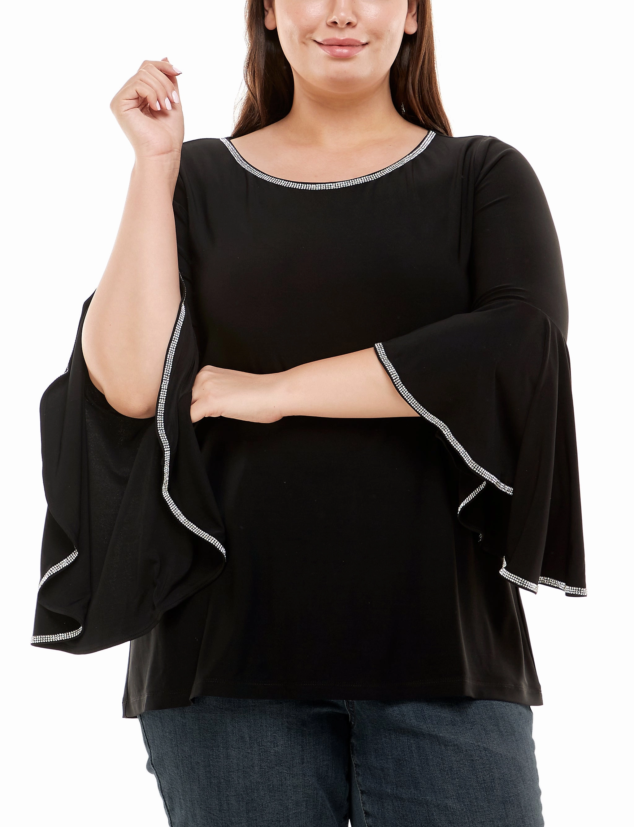 StaticResistant Material Stain Repellent Coating Plus Size Long Bell Sleeve Top With Stone Details
