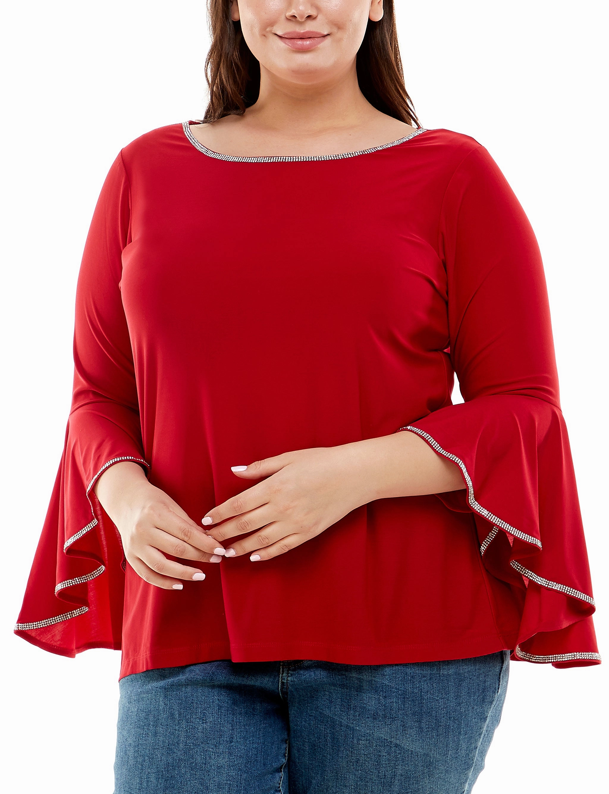Active Design Plus Size Long Bell Sleeve Top With Stone Details