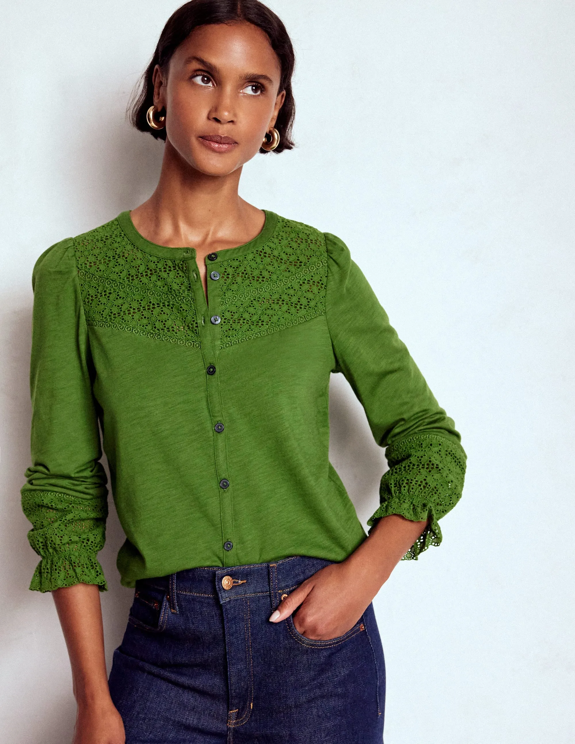 Pippa Broderie Jersey Shirt-Promenade Green Thermoregulating Fabric Microfiber Material