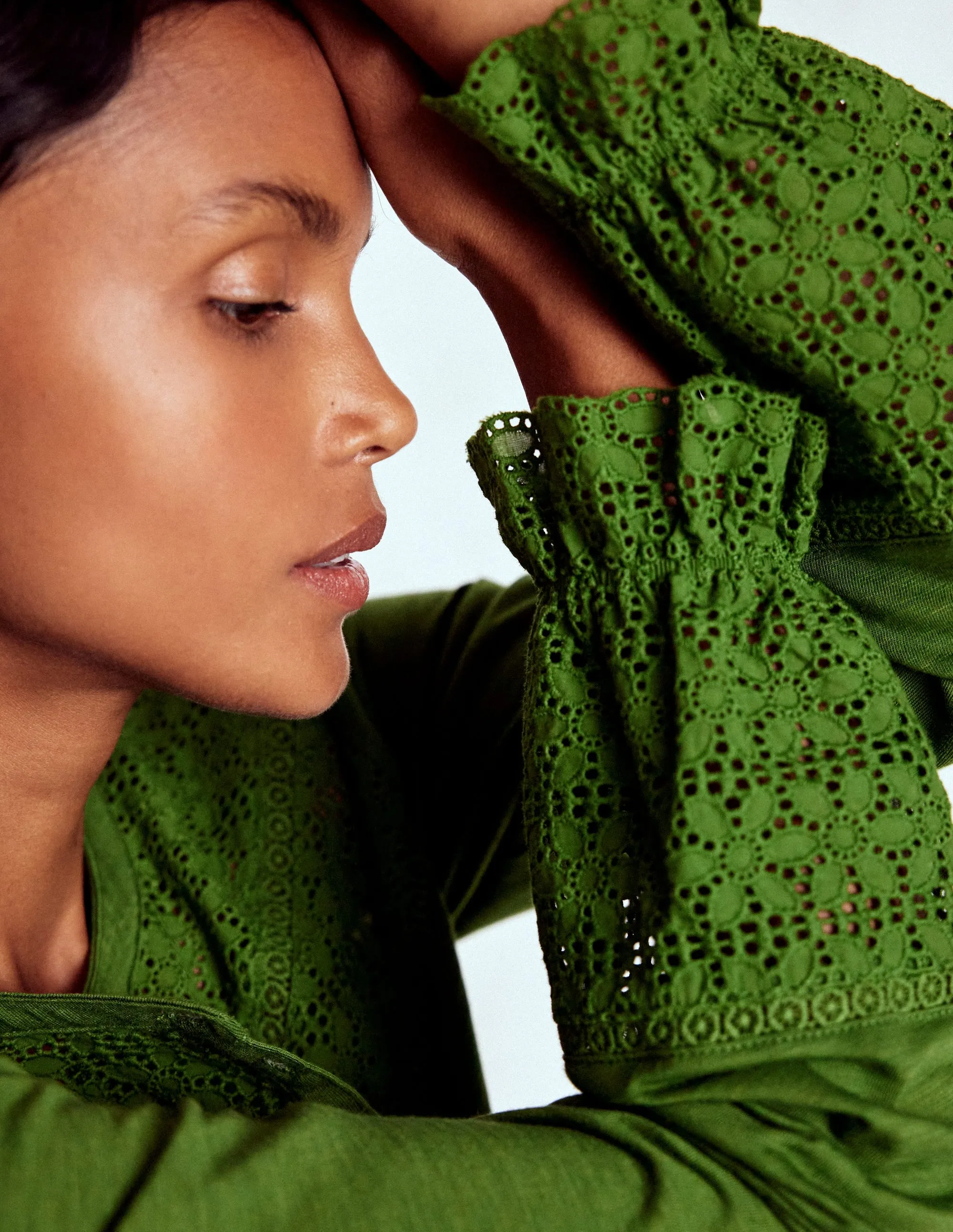 RibbedNeckline Double Stitched Seams Pippa Broderie Jersey Shirt-Promenade Green