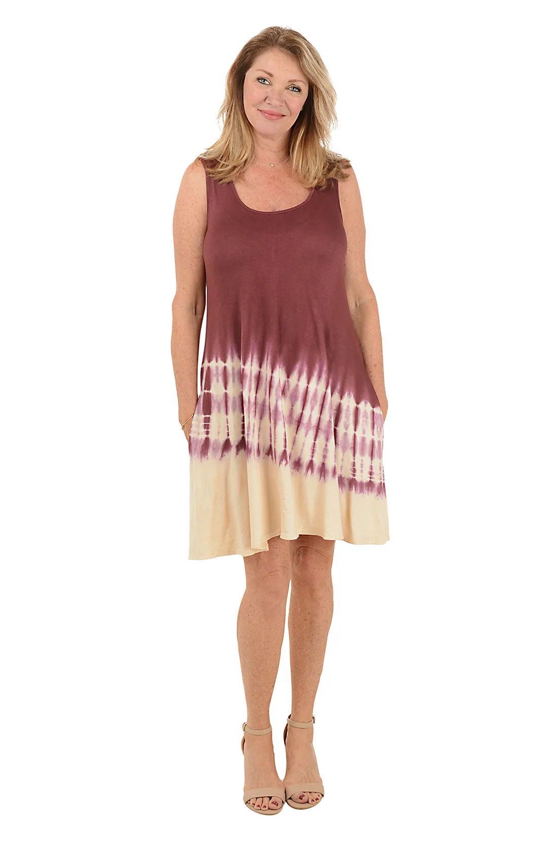 CrinkleResistantWeave Matte Fabric Burgundy Diagonal Tie-Dye Sleeveless Dress