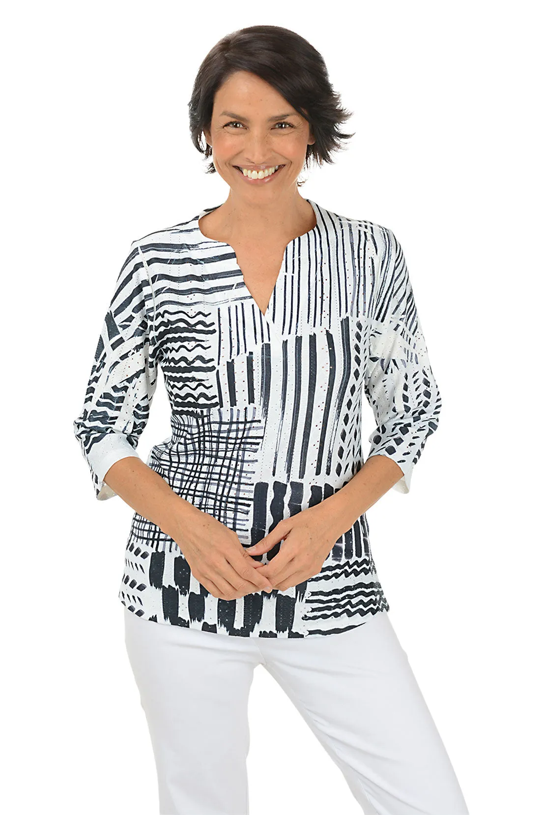 Bold Lines High-Low Eyelet Top Classic Style Comfy Layer