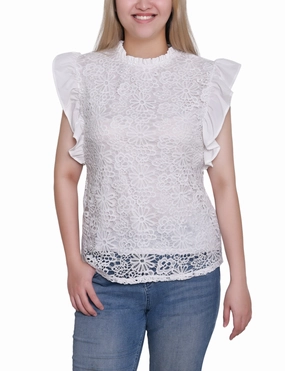 TexturedSurface HiddenPocket Petite Flutter Sleeve Lace Top