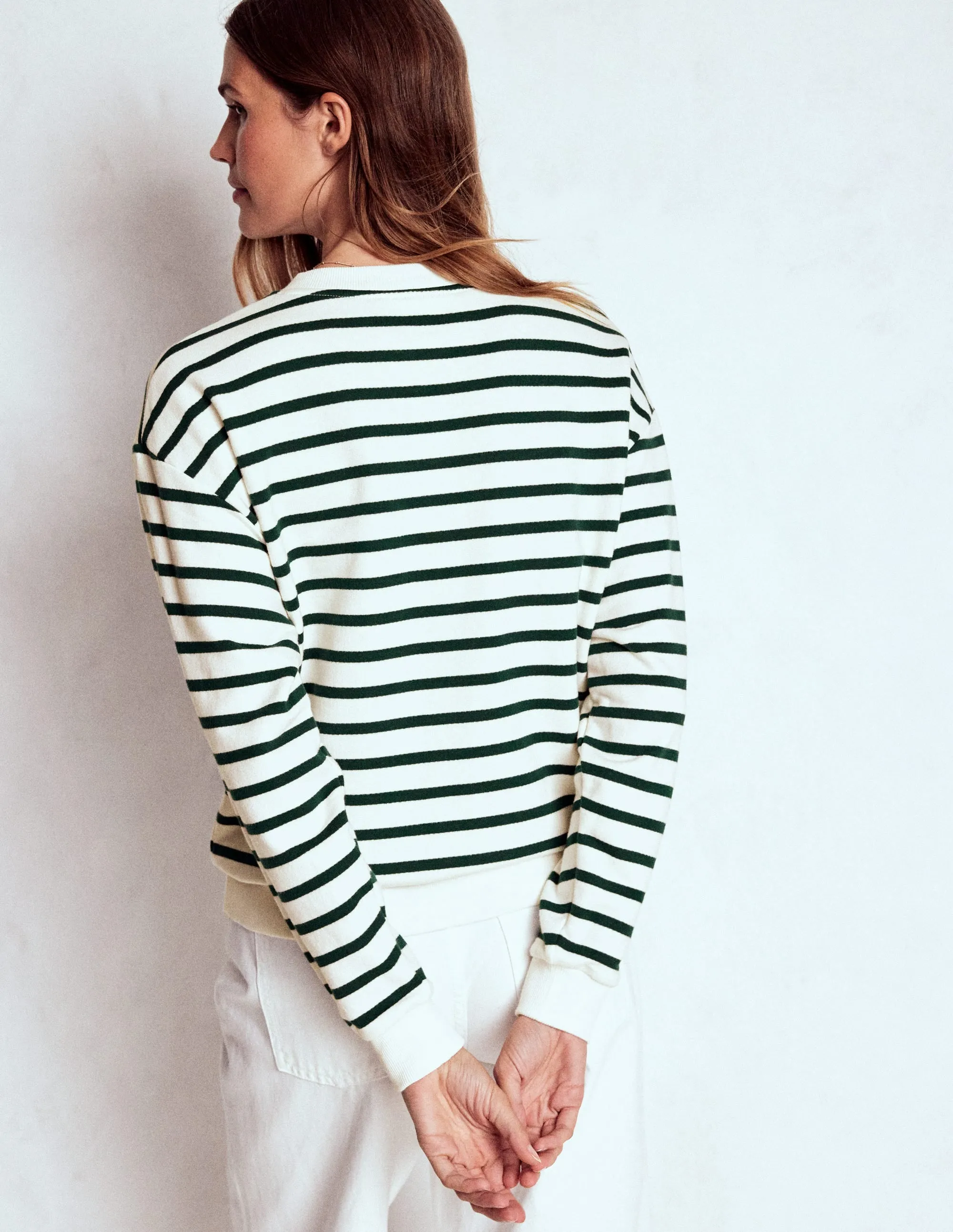 BondedShoulder Relaxed Crew Neck Opening Button Detail Sweatshirt-Emerald Night, Ivory