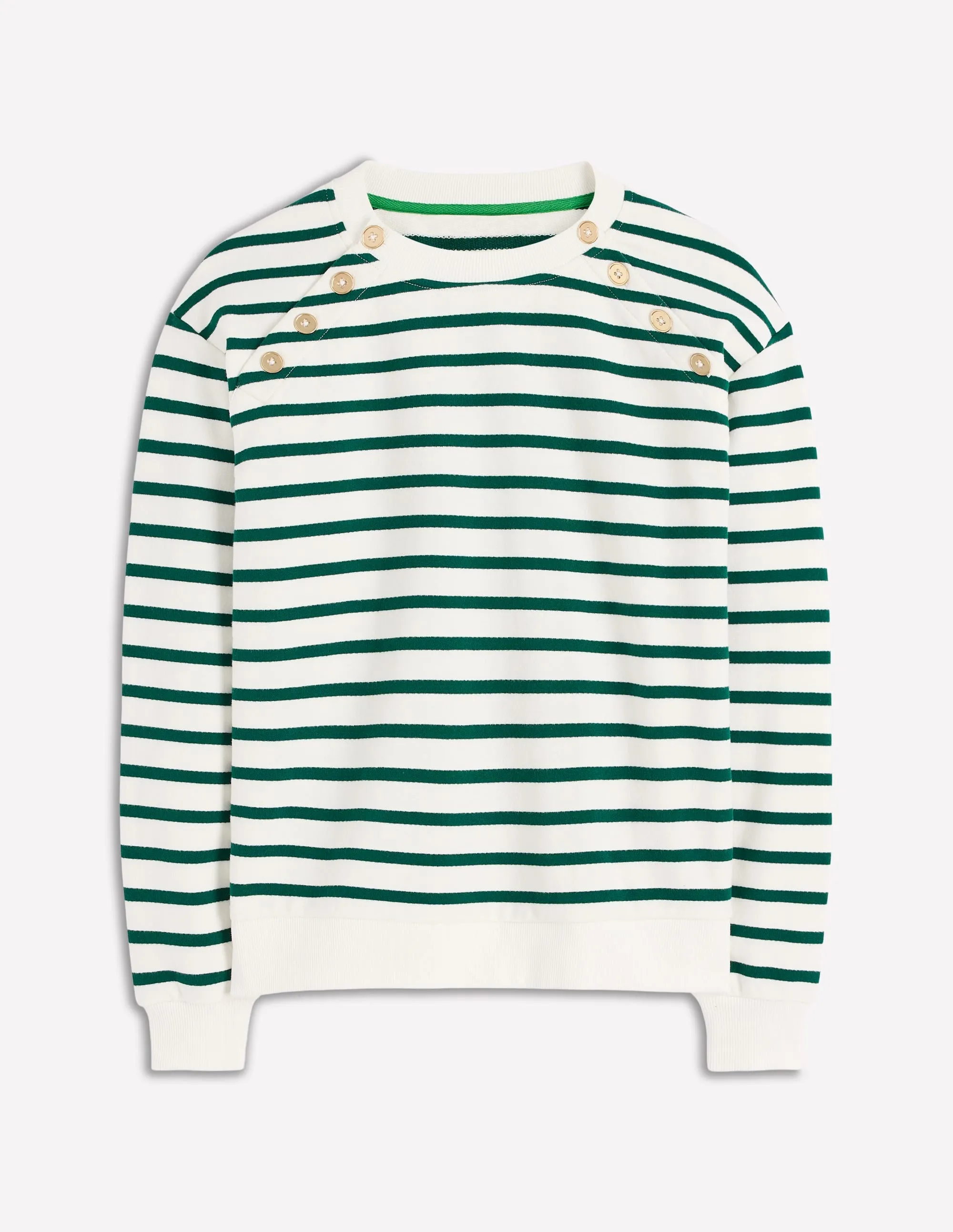 Double Stitched Hem BreathableFabric Button Detail Sweatshirt-Emerald Night, Ivory