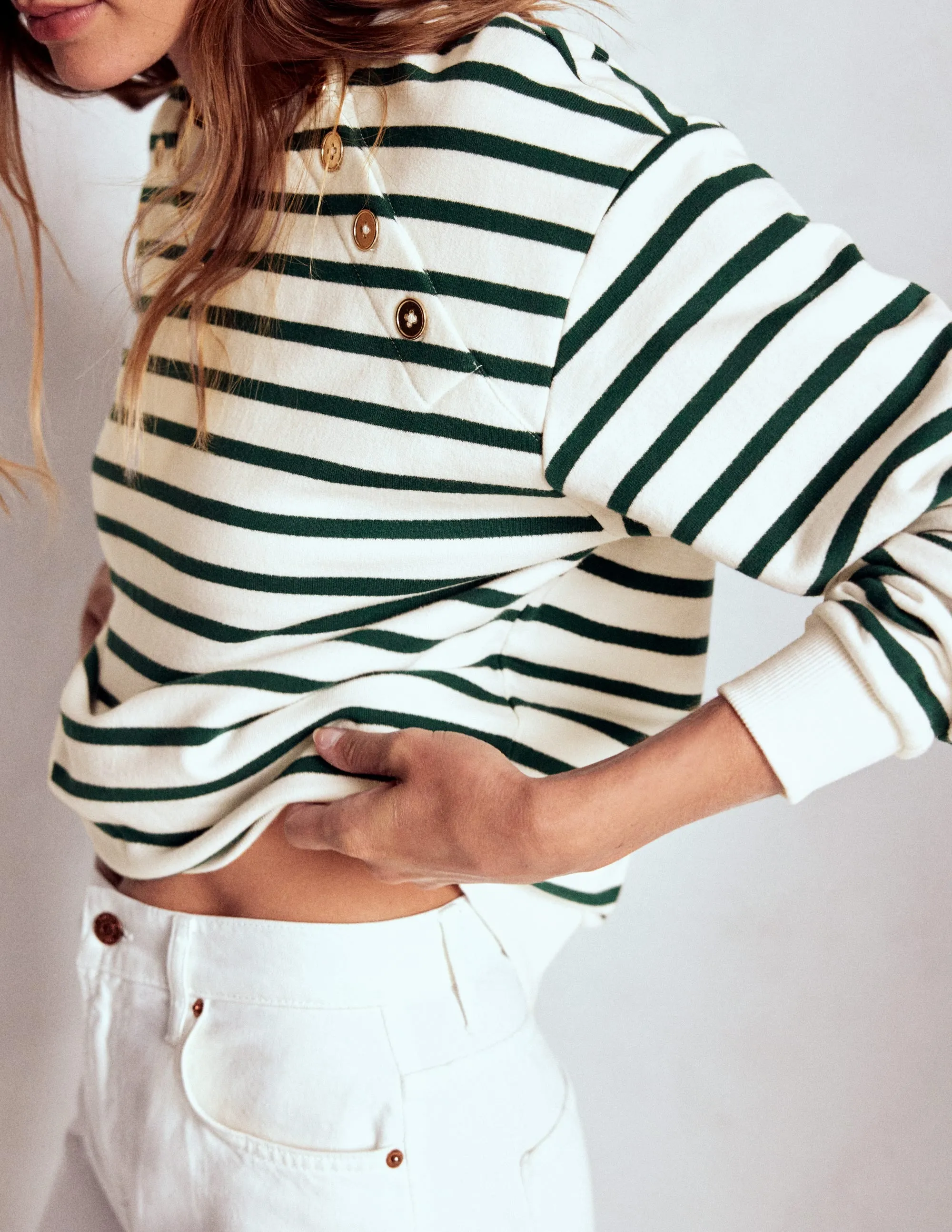 Button Detail Sweatshirt-Emerald Night, Ivory Cool and Breezy