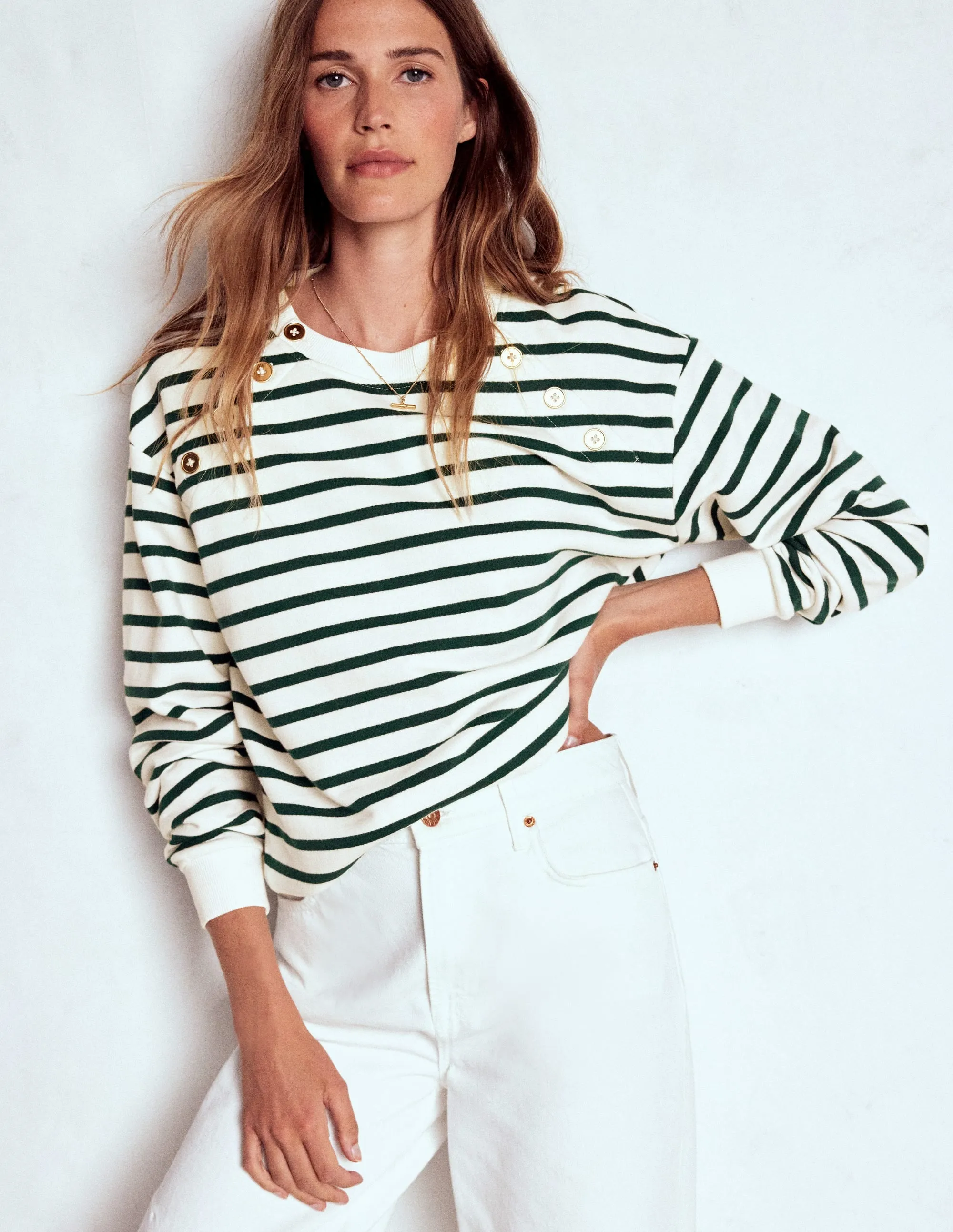 Button Detail Sweatshirt-Emerald Night, Ivory Tencel Cotton Hybrid Weave ChafeFreeEdging