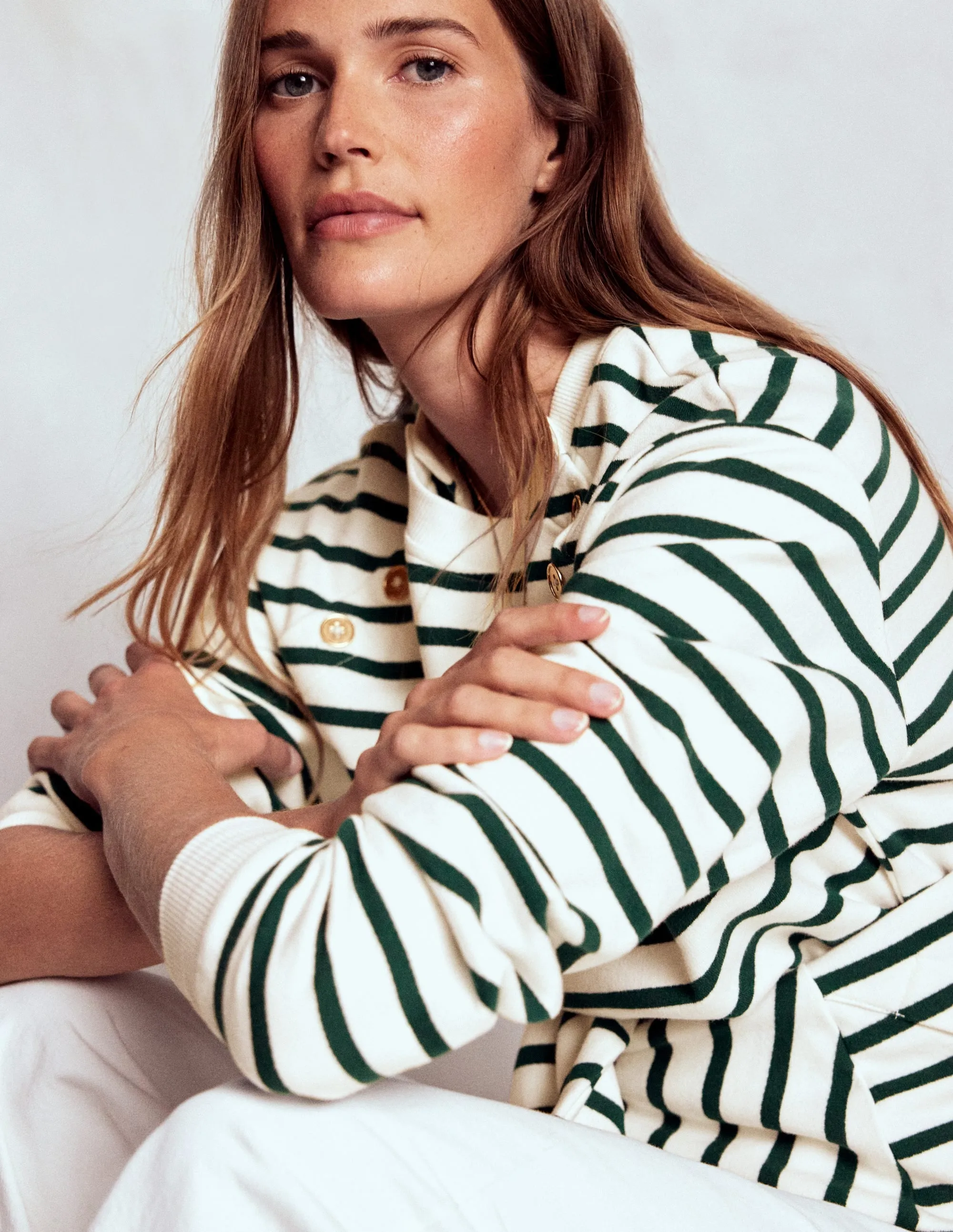 Button Detail Sweatshirt-Emerald Night, Ivory Wide Shoulder Cut Summer Sweater