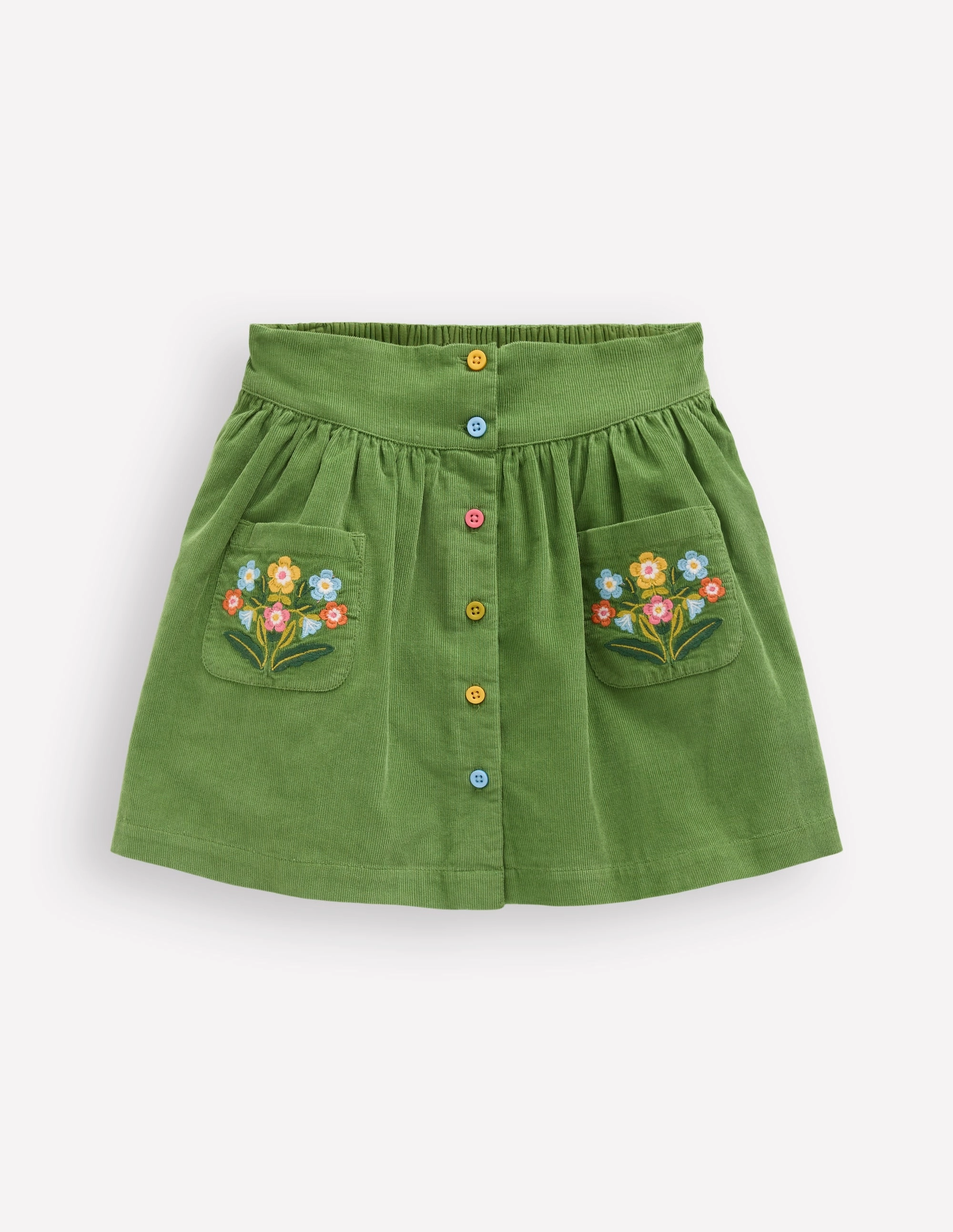 Smooth Finish Cultural Event Button-through Mini Skirt-Broccoli Green Flowers