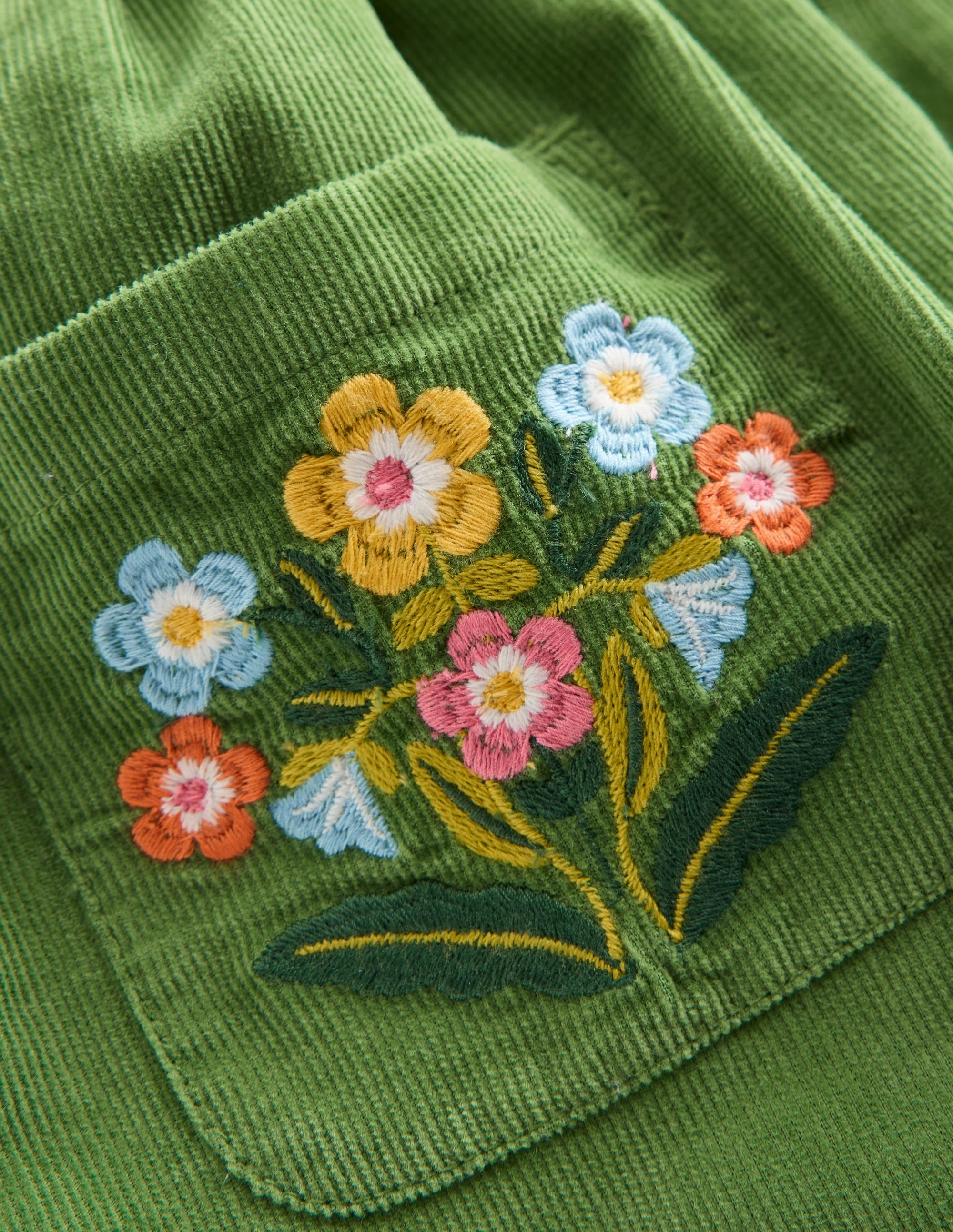 Button-through Mini Skirt-Broccoli Green Flowers Flowy Drape