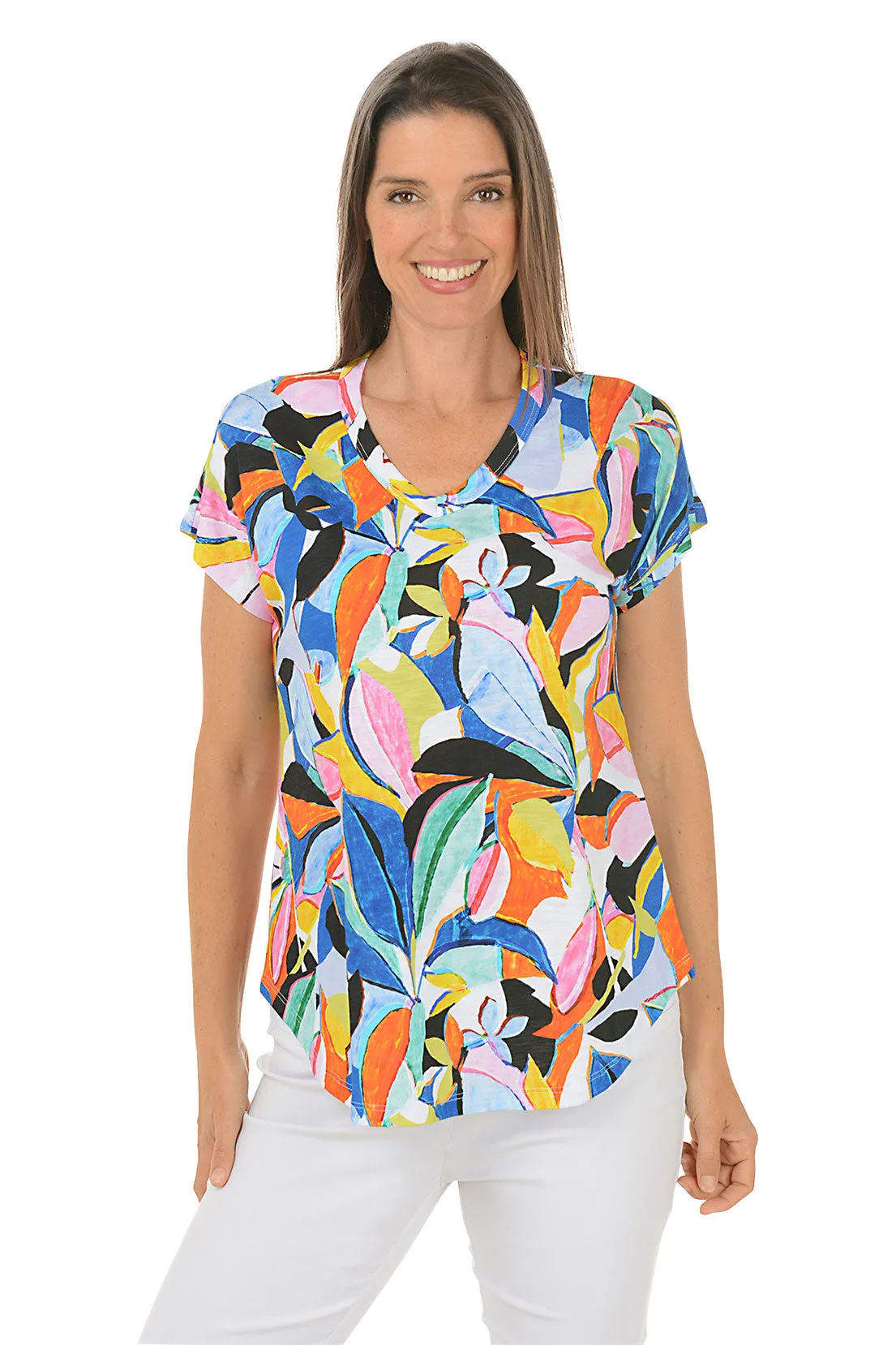 WideNeckline Stretch Material Cabana V-Neck Short Sleeve Tee