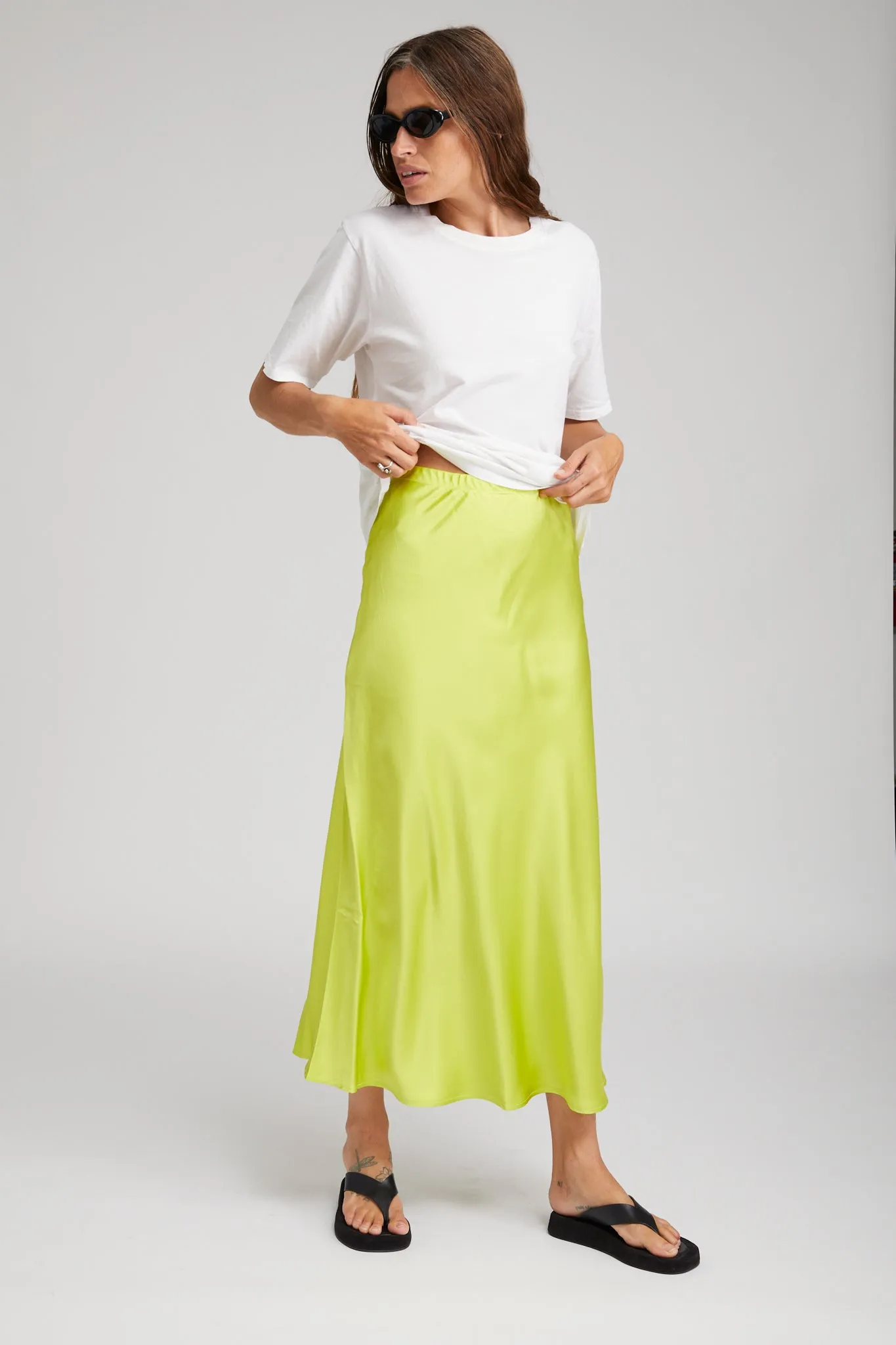 Simple Layer Evening Outing Electric Chartreuse Silk Bias Maxi Skirt