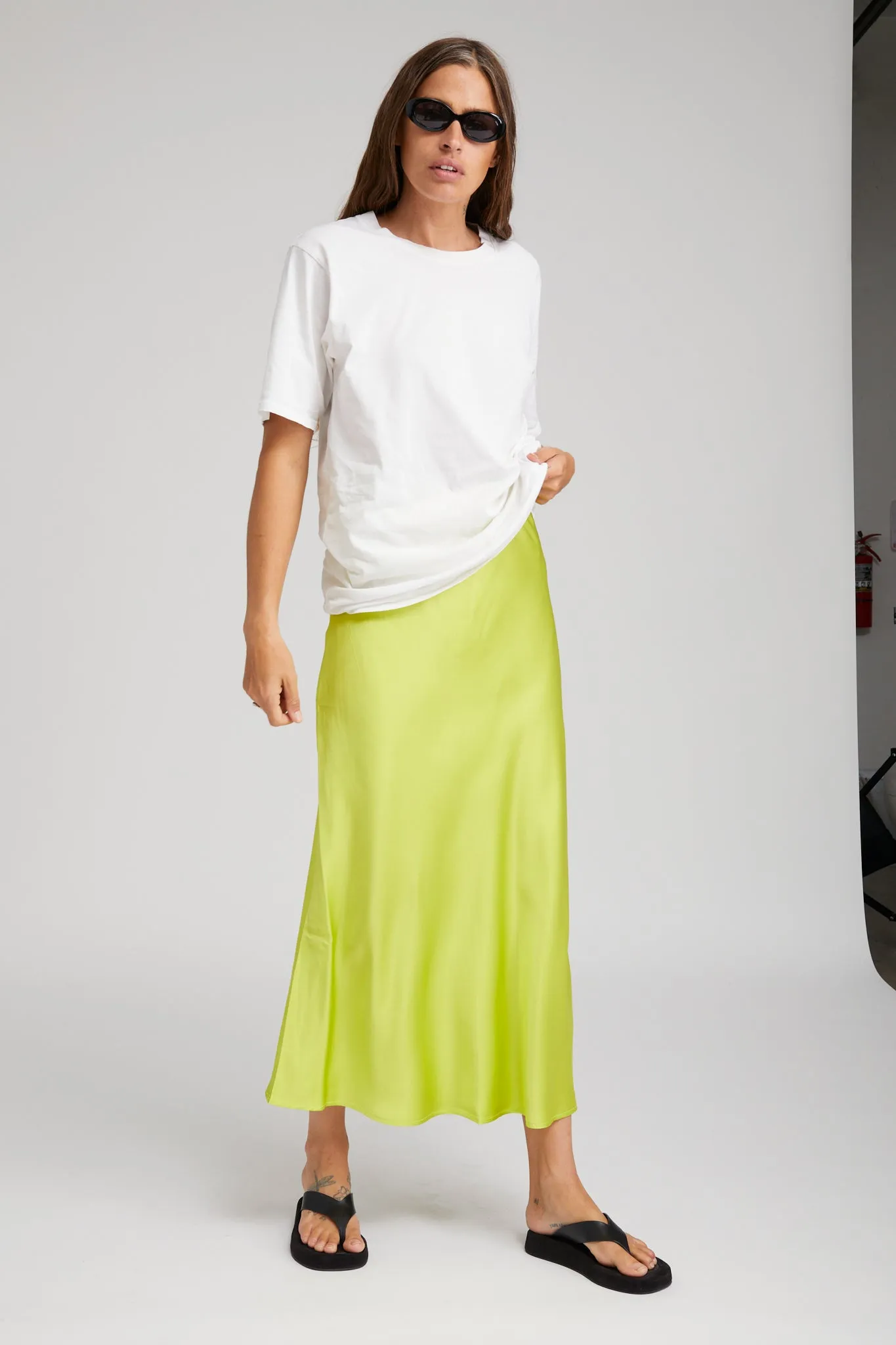 Style Layering All Day Look Electric Chartreuse Silk Bias Maxi Skirt